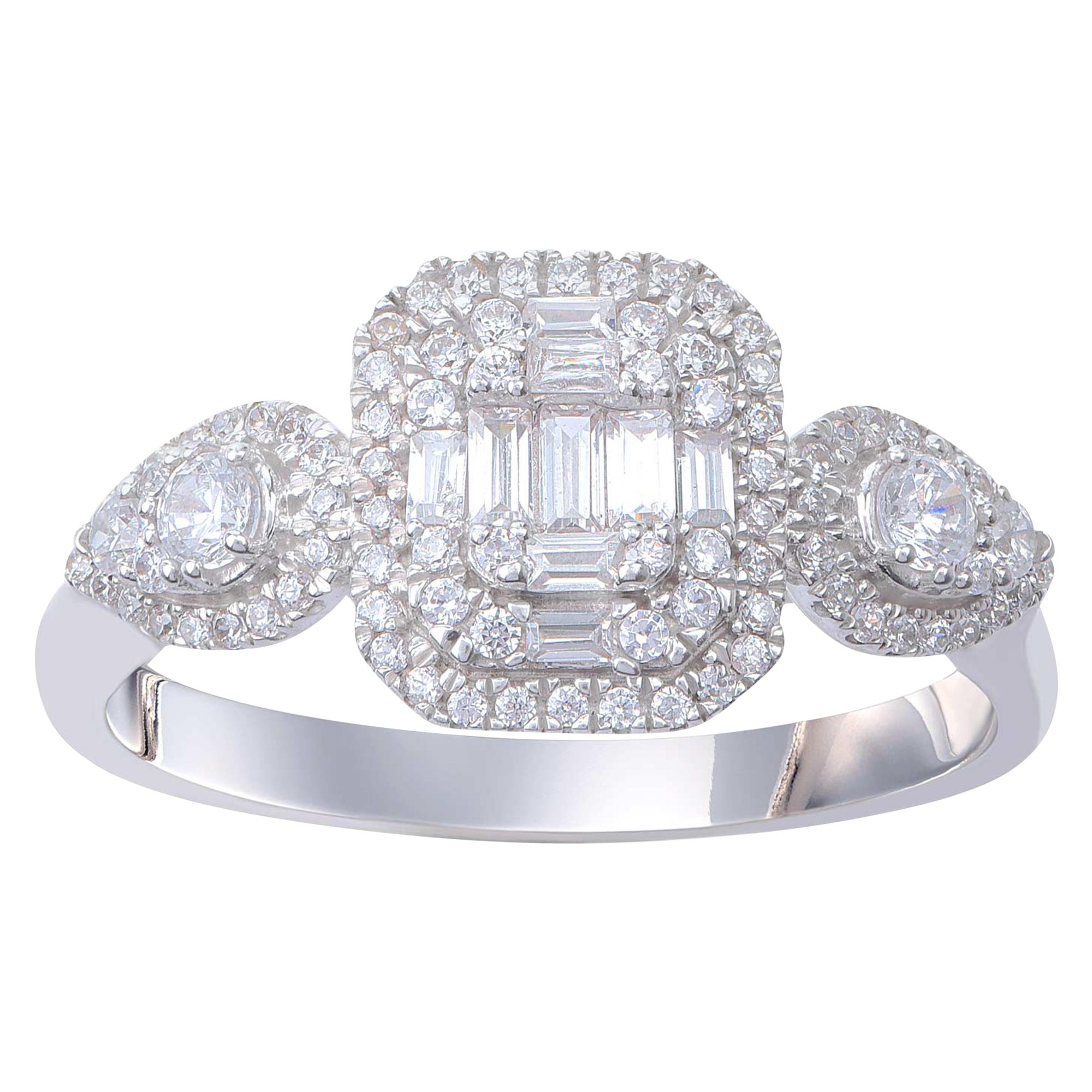 TJD 0.50 Carat Round and Baguette Diamond 18 Karat White Gold Cluster Ring