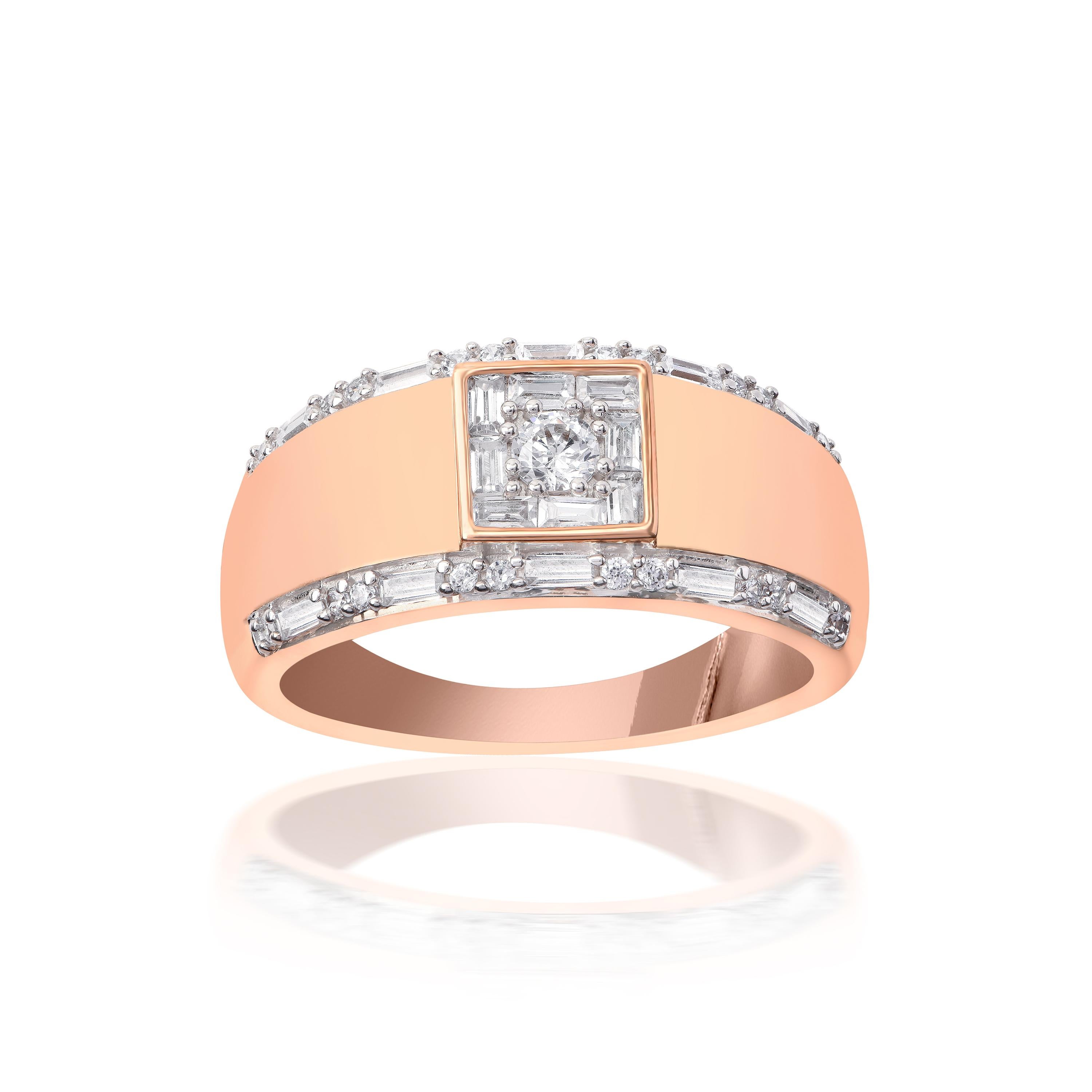 Modern TJD 0.50 Carat Round and Baguette Diamond 18KT Rose Gold Pattern Wedding Band For Sale