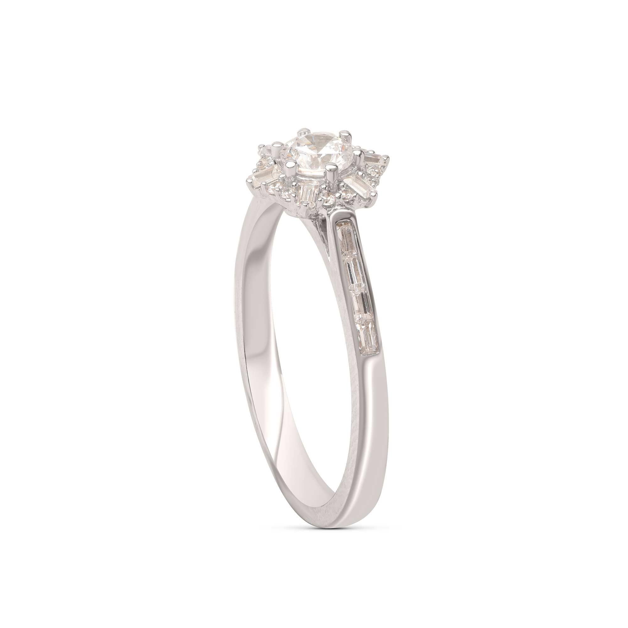 Modern TJD 0.50 Carat Round and Baguette Diamond 18KT White Gold Diamond Cluster Ring For Sale