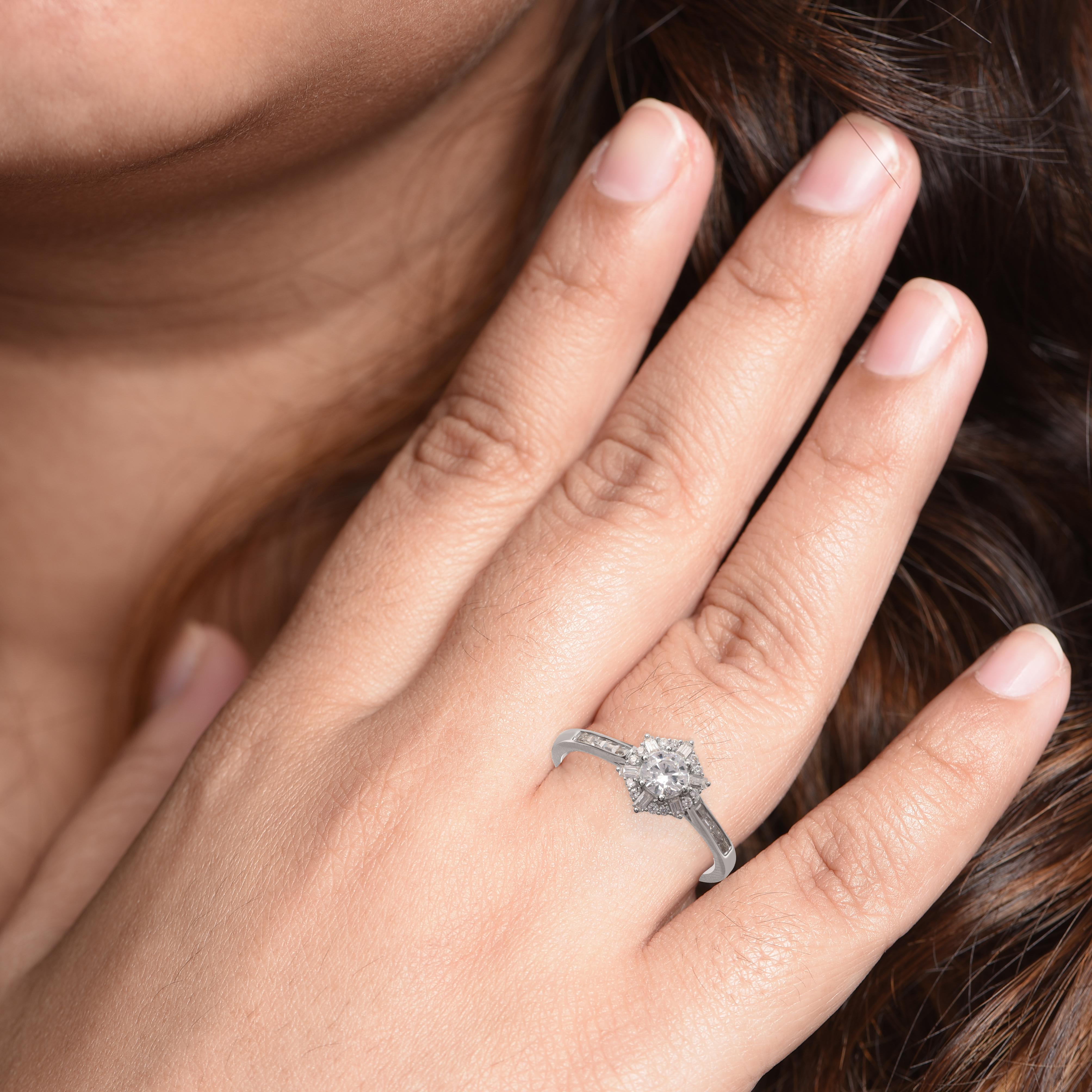 Round Cut TJD 0.50 Carat Round and Baguette Diamond 18KT White Gold Diamond Cluster Ring For Sale
