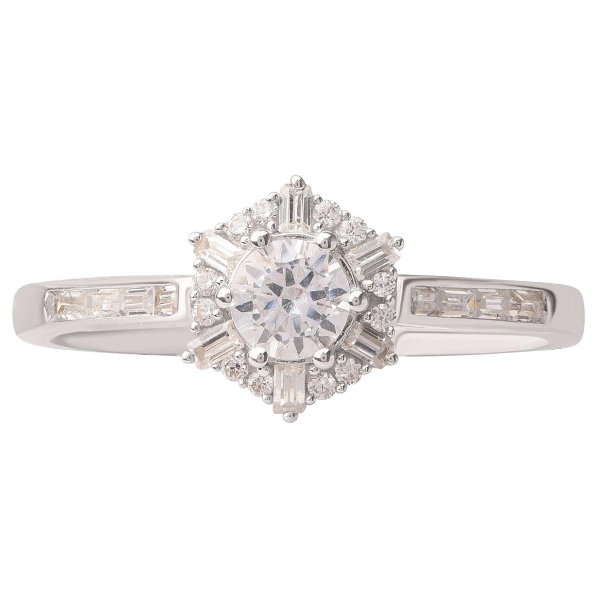 TJD 0.50 Carat Round and Baguette Diamond 18KT White Gold Diamond Cluster Ring