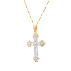 TJD 0.50 Carat Round and Baguette Diamond Halo Cross Pendant in 14K Yellow Gold