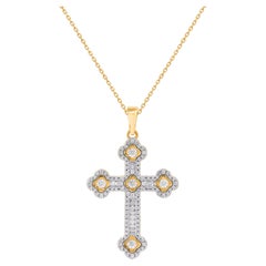TJD 0.50 Carat Round and Baguette Diamond Halo Cross Pendant in 14K Yellow Gold