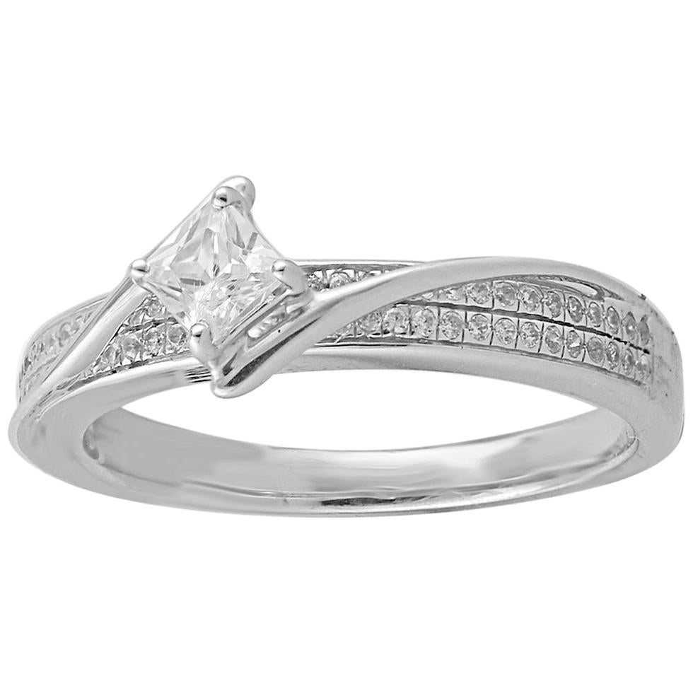 Bague de fiançailles en or blanc 14 carats avec diamants taille princesse et ronde de 0,50 carat TJD