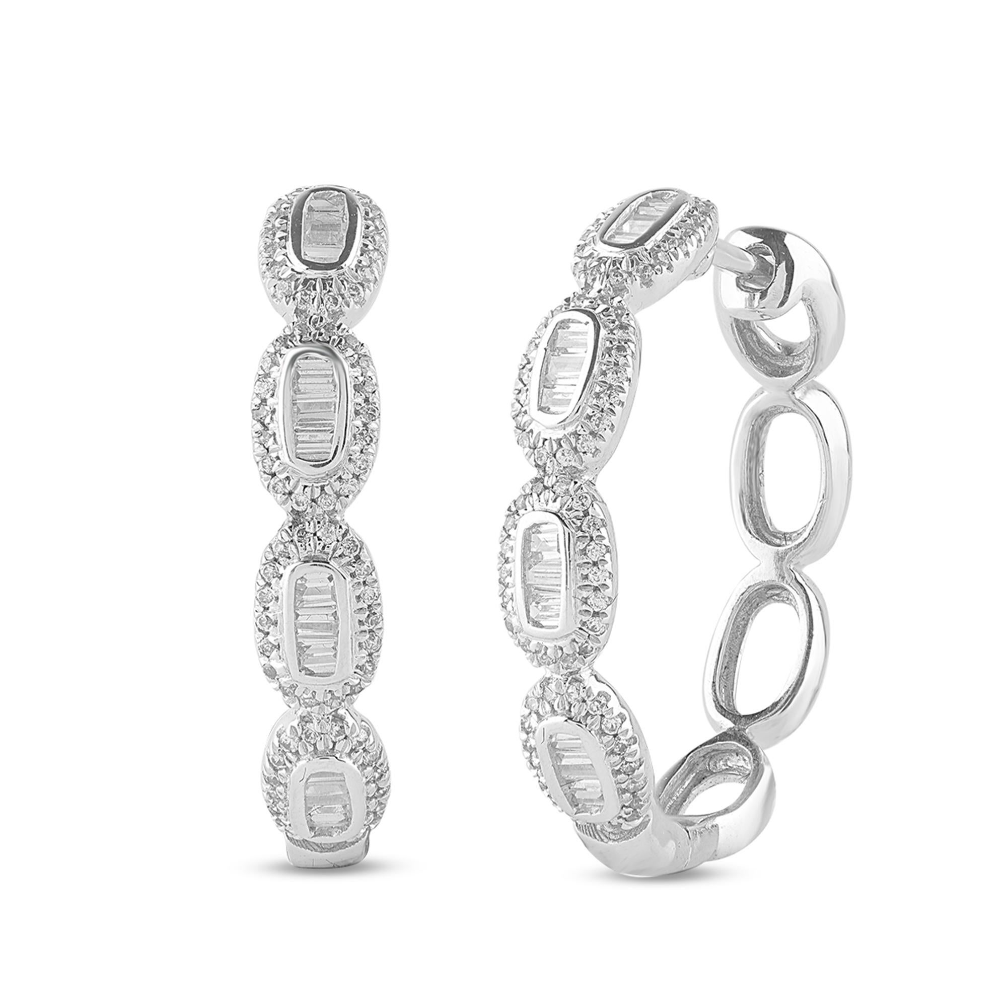 Bring charm to your look with this diamond hoop earrings. This earring is beautifully designed and studded with 184 single cut round diamonds and baguette cut diamond set in prong & channel setting. We only use natural, 100% conflict free diamonds