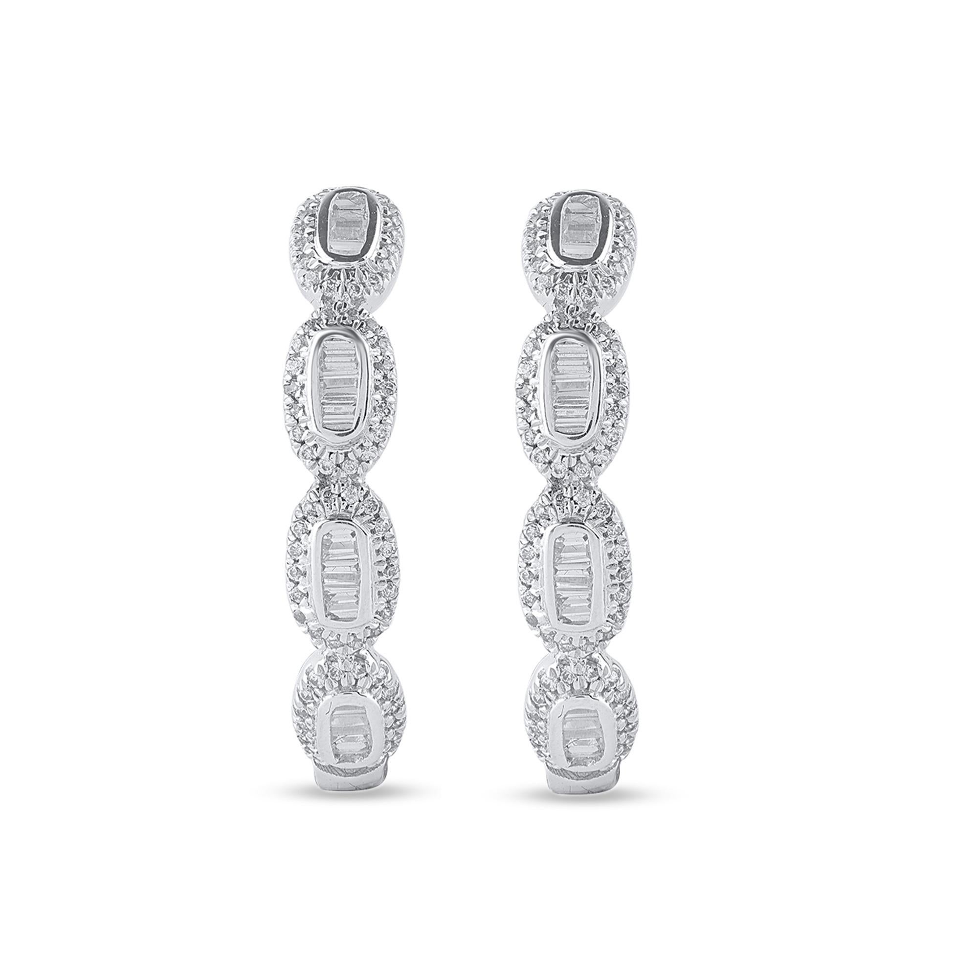 Contemporary TJD 0.50 Carat Round & Baguette Cut Diamond 14 Karat White Gold Hoop Earrings For Sale