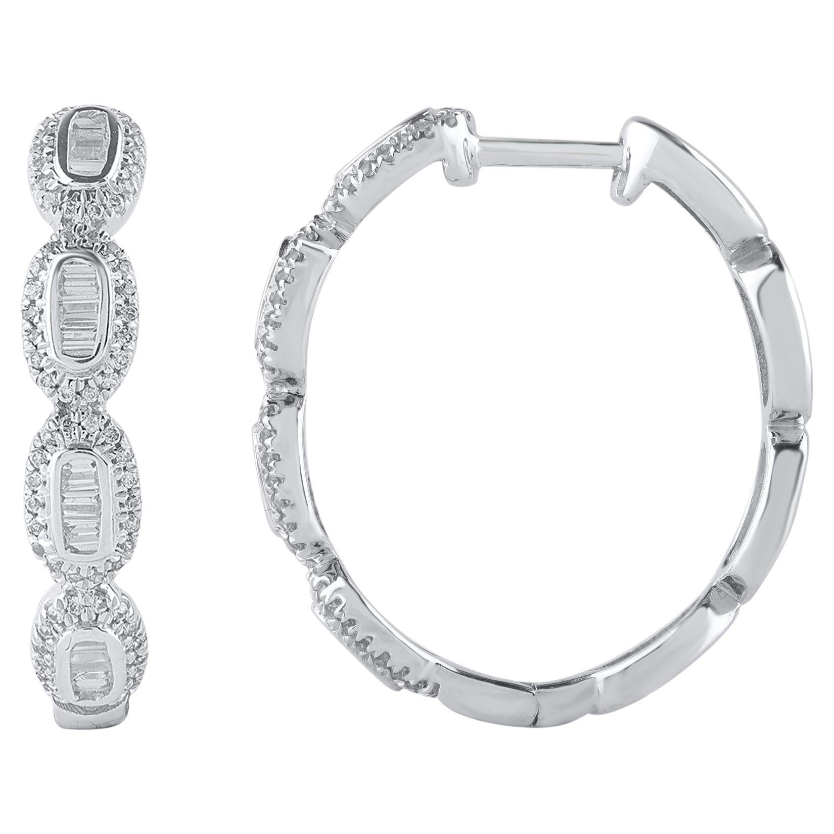 TJD 0.50 Carat Round 
Baguette Cut Diamond 14 Karat White Gold Hoop Earrings For Sale
