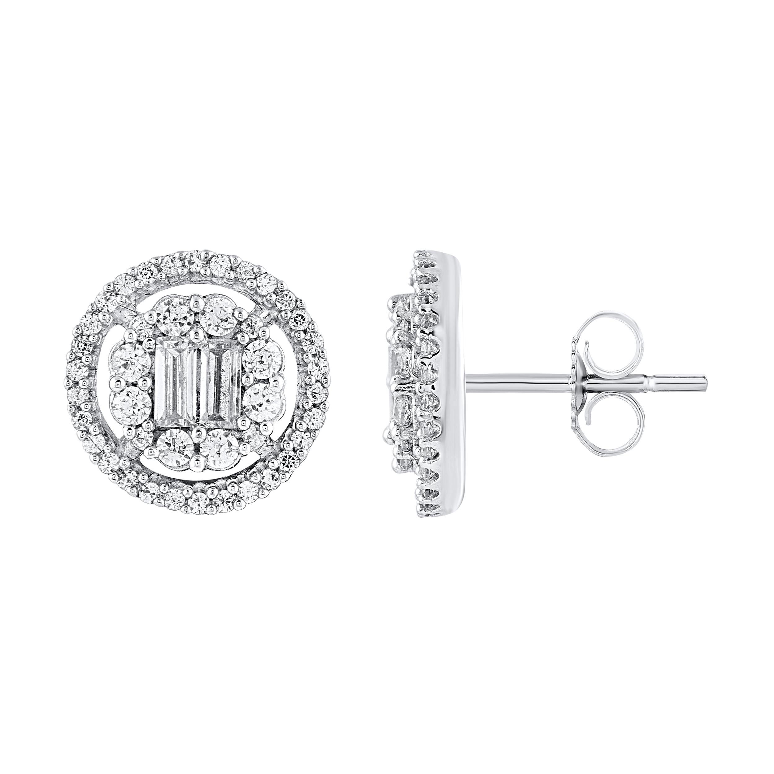 Timeless and elegant, these diamond stud earring are a style you'll wear with every look in your wardrobe. This earring is beautifully designed and studded with 88 natural round diamond and baguette diamond set in prong setting. We only use natural,