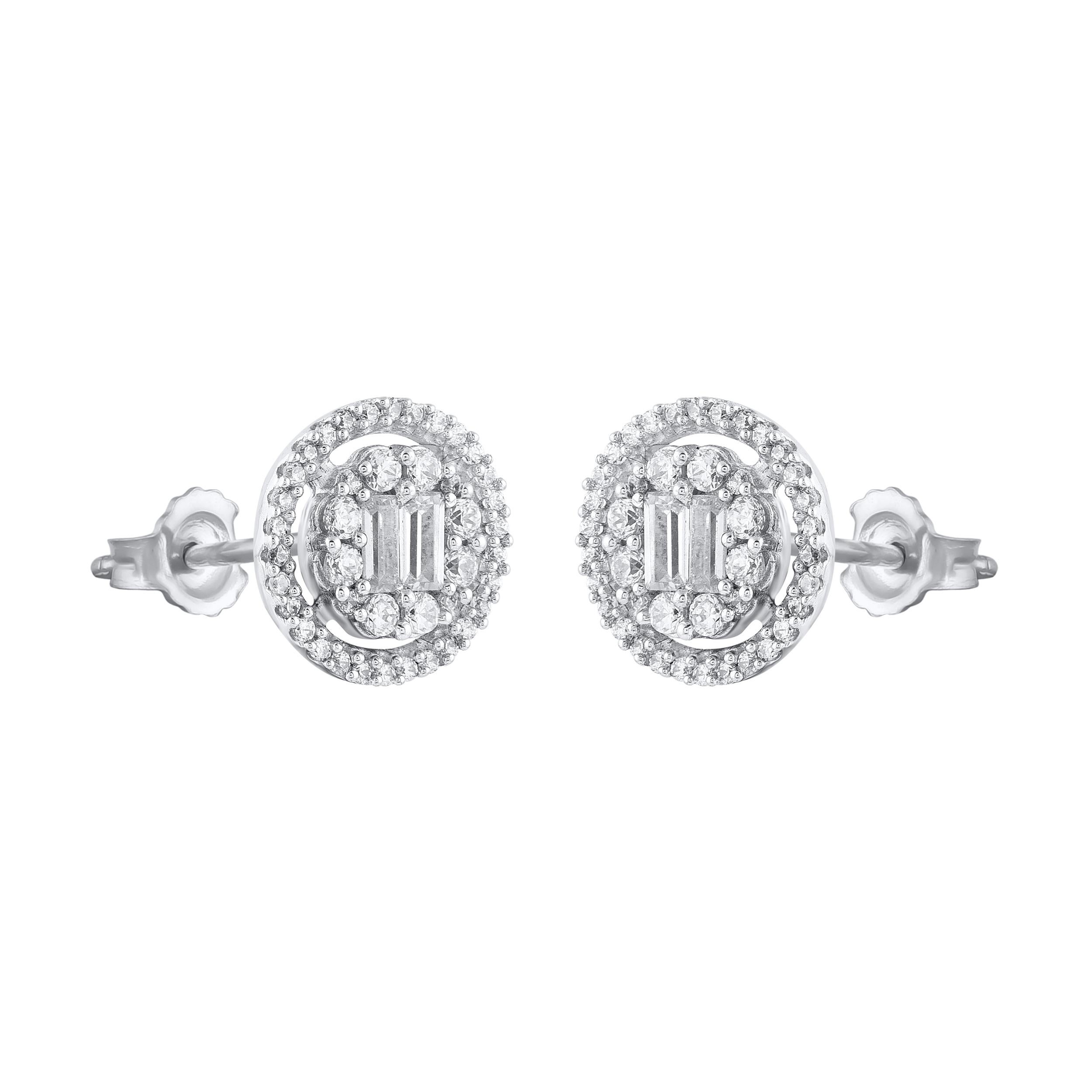 Contemporary TJD 0.50 Carat Round & Baguette Cut Diamond 14Karat White Gold Halo Stud Earring For Sale