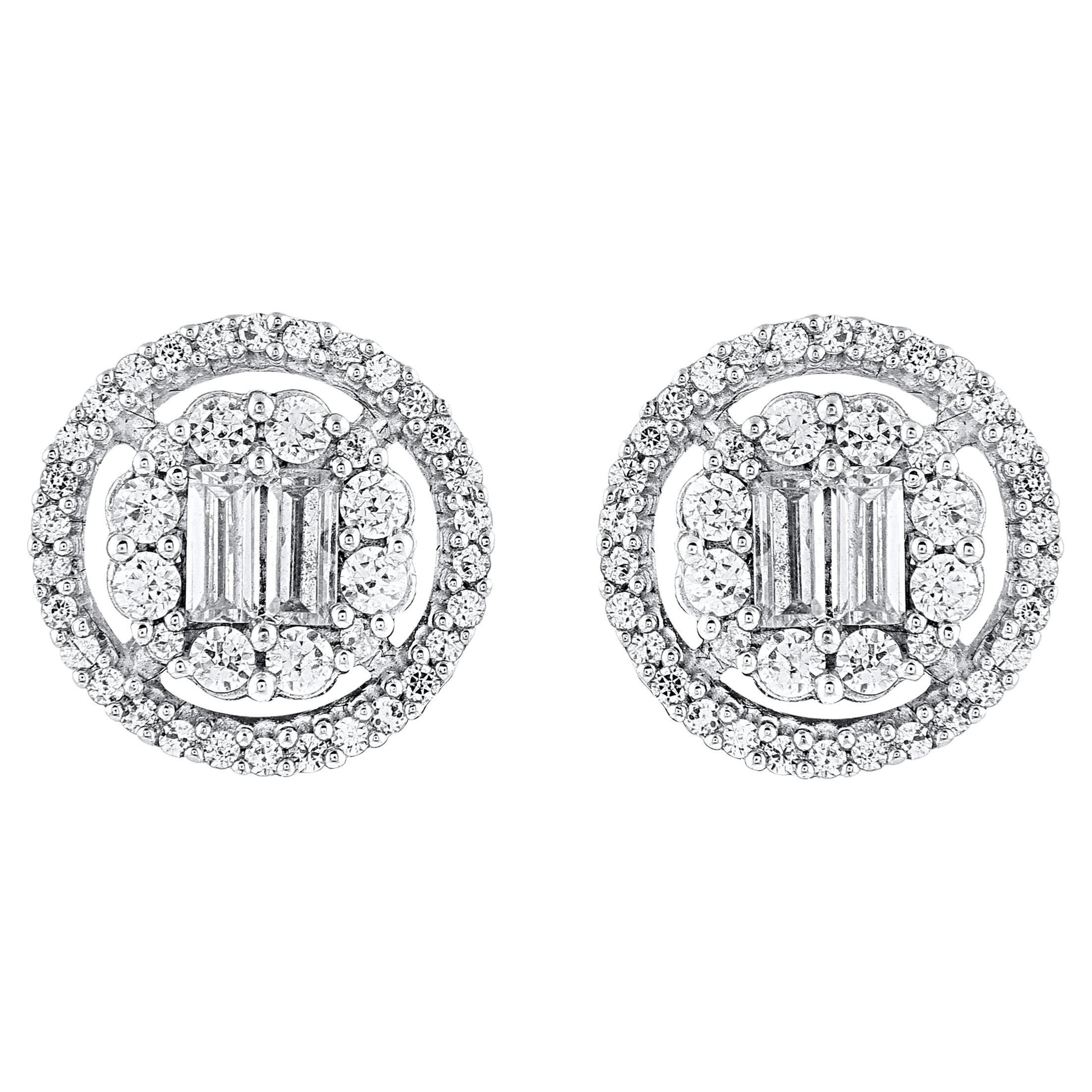 TJD 0.50 Carat Round & Baguette Cut Diamond 14Karat White Gold Halo Stud Earring