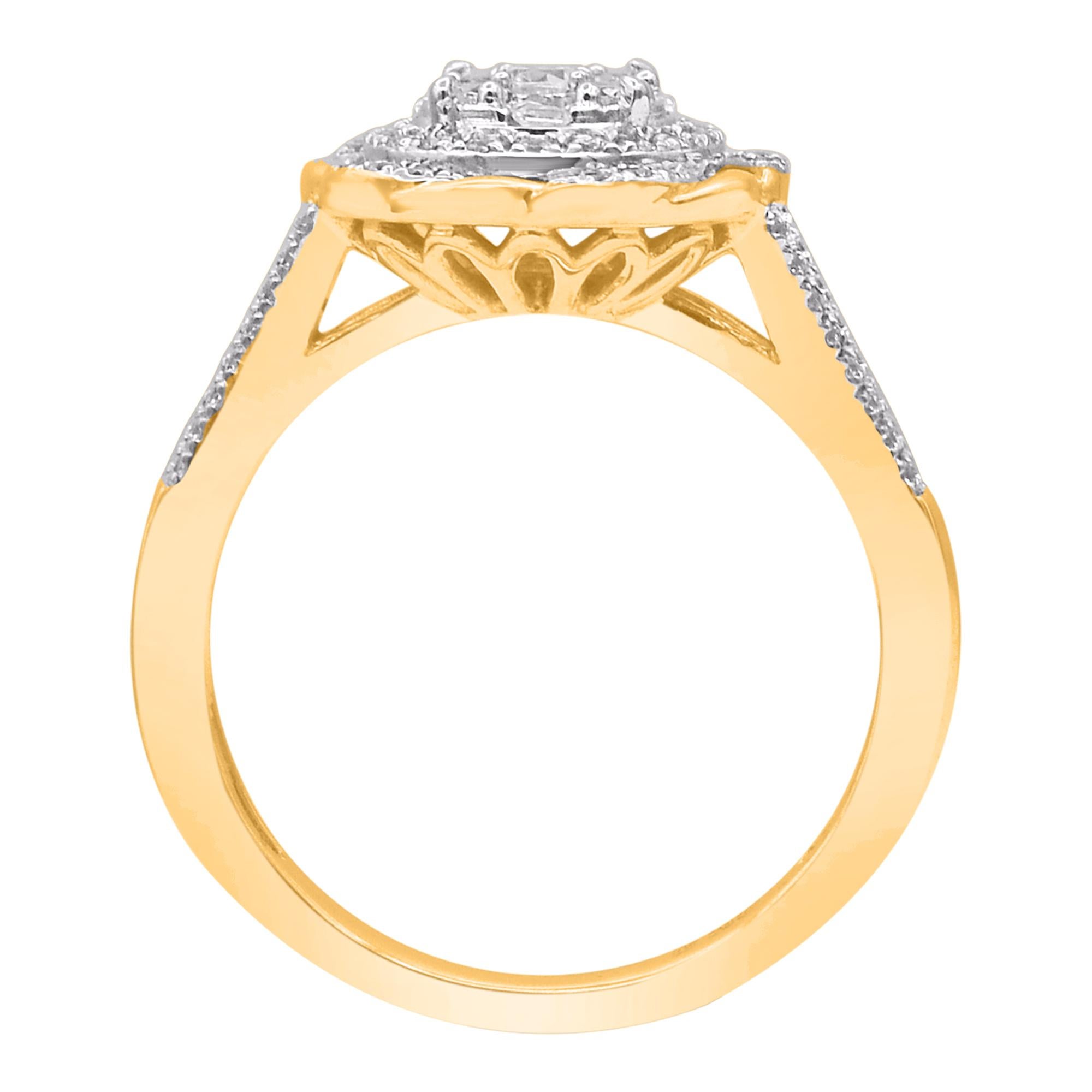 Classic and Contemporary, this diamond ring will enhance her jewelry collection. This ring is expertly crafted in 14 Karat yellow gold and features 79 brilliant cut, single cut and baguette diamonds set in micro-prong setting, H-I color I2 clarity.