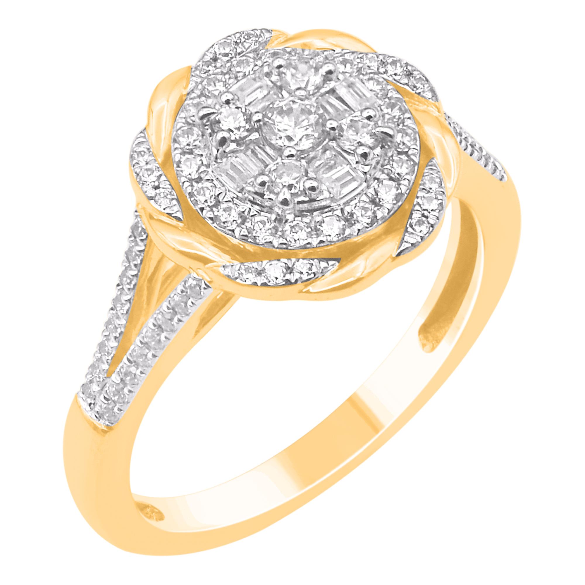 Modern TJD 0.50 Carat Round & Baguette Cut Diamond 14KT Yellow Gold Engagement Ring For Sale