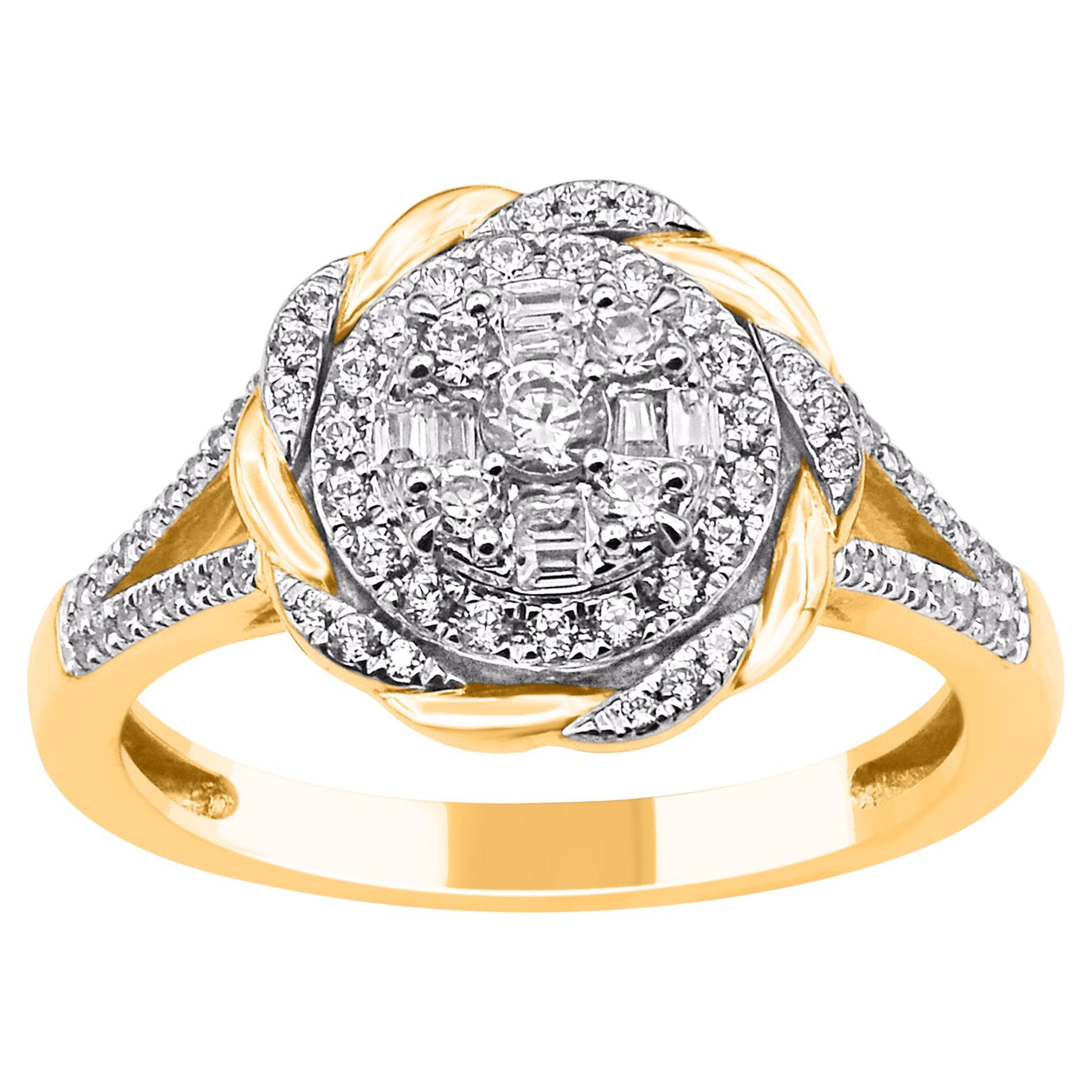 TJD 0.50 Carat Round & Baguette Cut Diamond 14KT Yellow Gold Engagement Ring