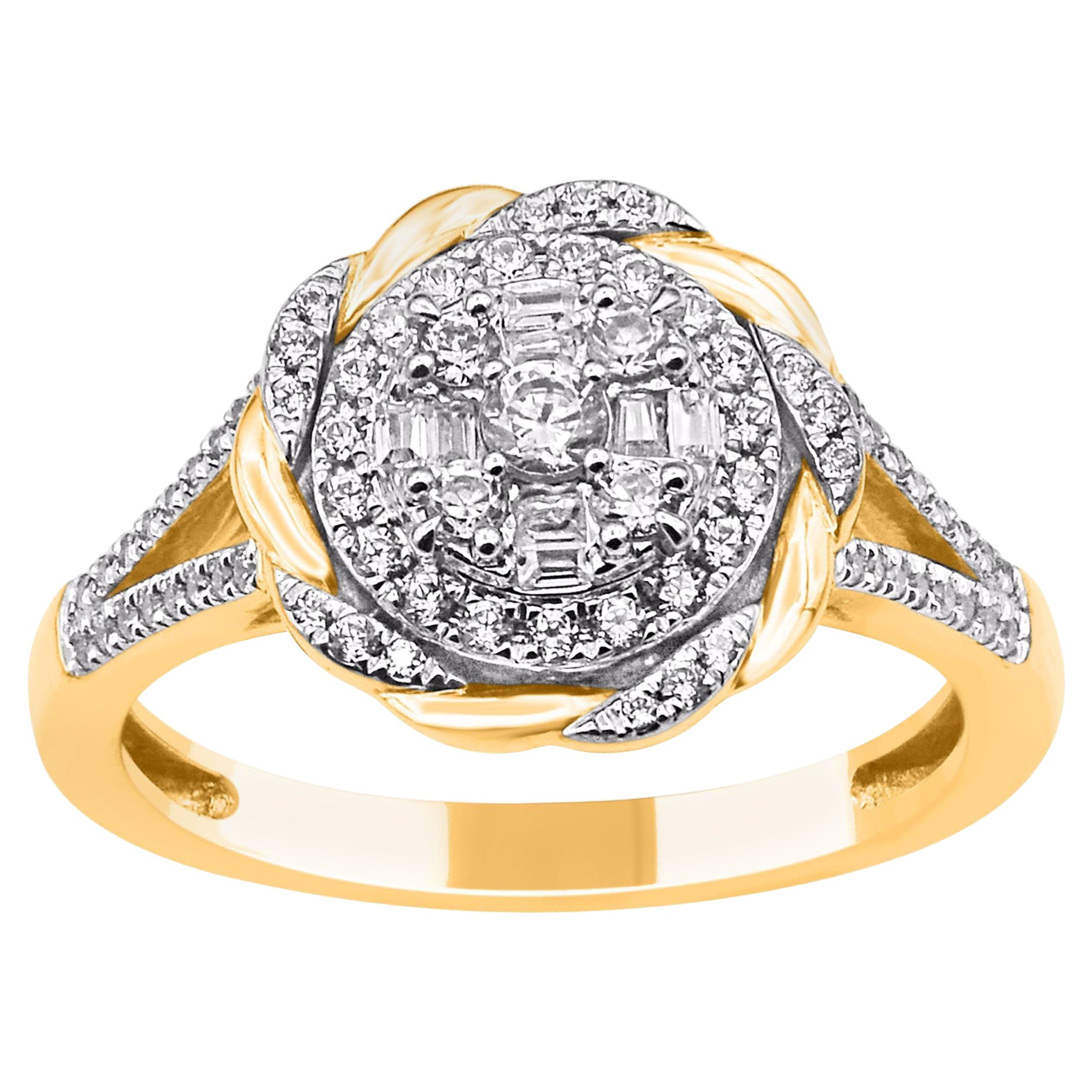 TJD 0.50 Carat Round 
Baguette Cut Diamond 14KT Yellow Gold Engagement Ring For Sale