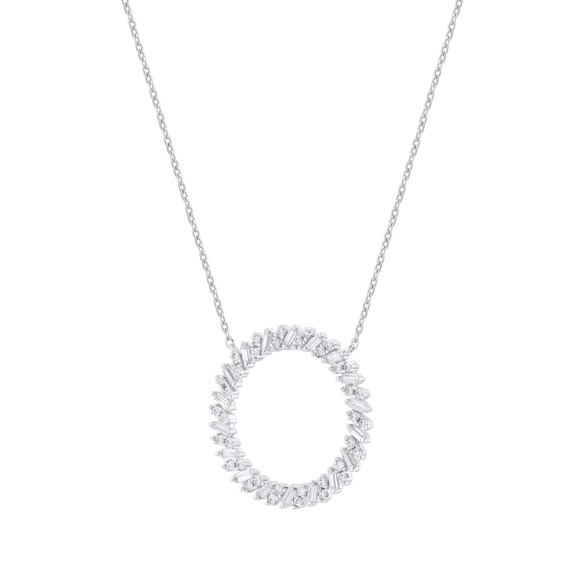 This diamond open circle eternity pendant fits any occasion with ease. These eternity pendants are studded with 54 single cut and baguette cut natural diamonds in prong setting in 14kt white gold. Diamonds are graded as H-I color and I-2 clarity.