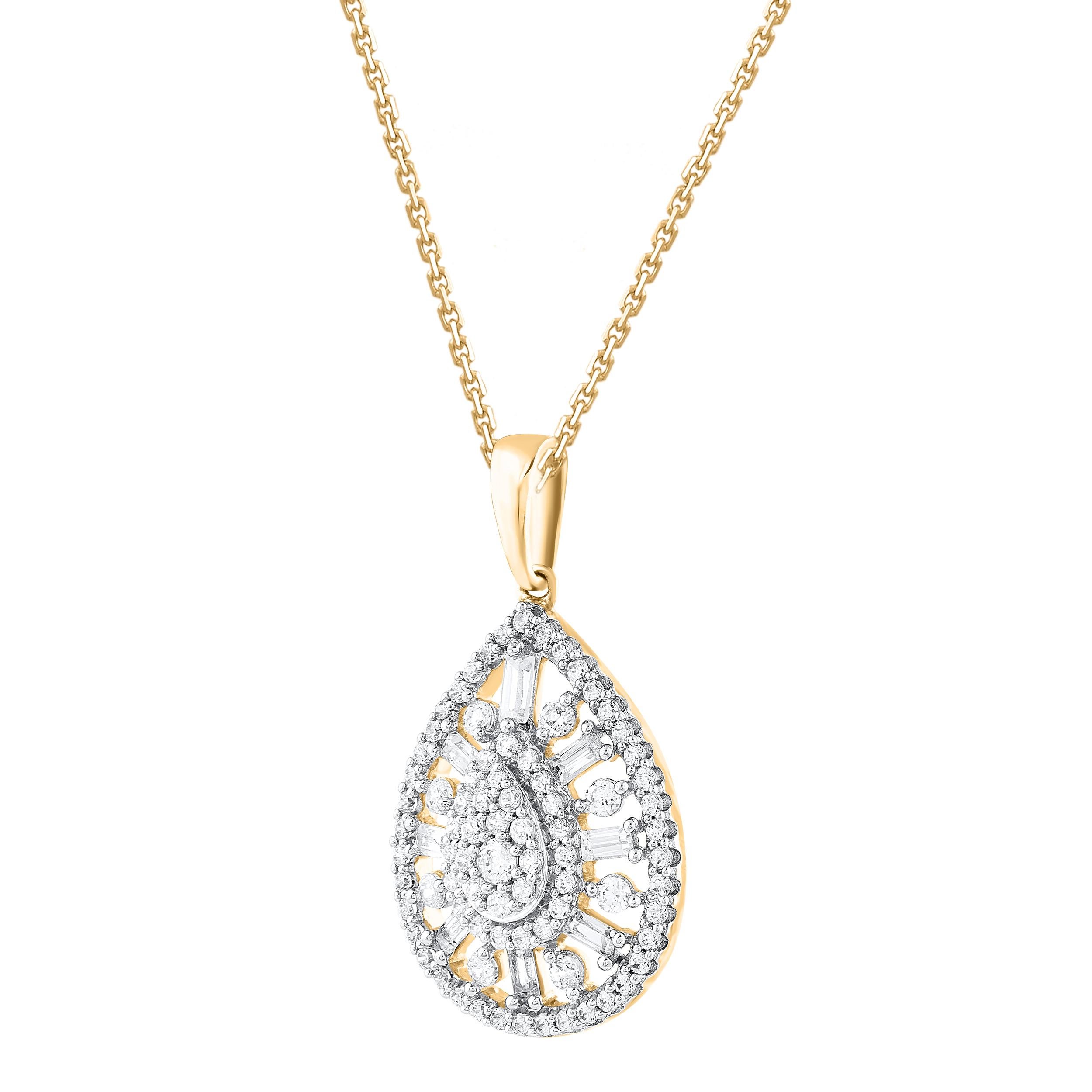 Les diamants taille brillant et baguette magnifiquement sertis rendent ce pendentif en forme de poire captivant. Conçue en or jaune 14 carats, elle est sertie de 88 diamants taille brillant et baguette en serti clos et en demi-canal. Elle est livrée