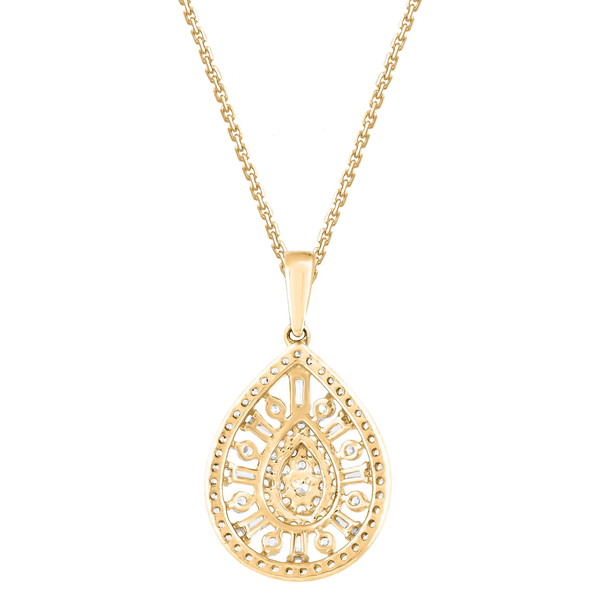 Contemporary TJD 0.50 Carat Round & Baguette Diamond 14 Karat Gold Teardrop Pendant Necklace For Sale