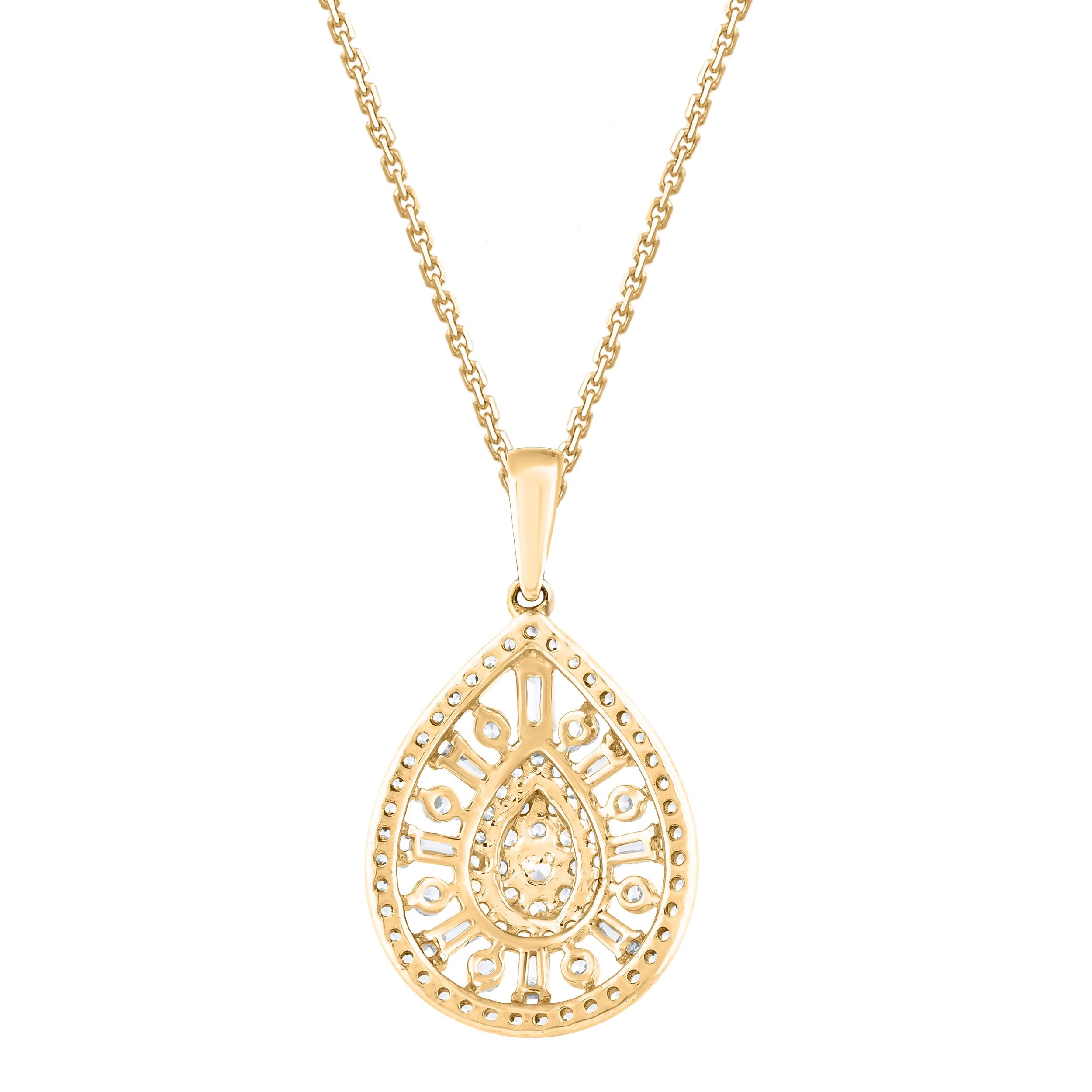 Contemporain Collier pendentif goutte d'eau en or 14 carats avec diamants ronds et baguettes de 0,50 carat TJD en vente