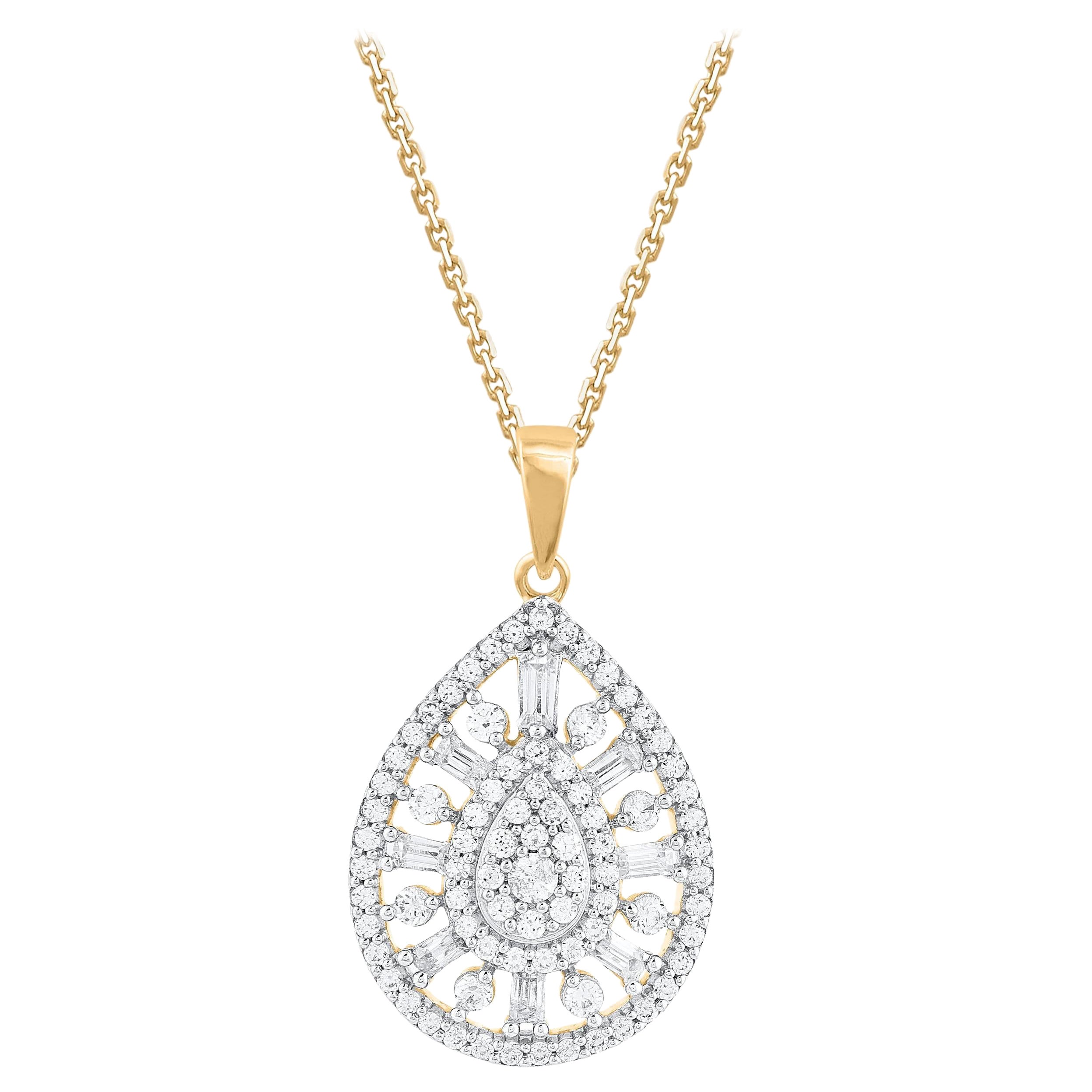 TJD 0.50 Carat Round 
Baguette Diamond 14 Karat Gold Teardrop Pendant Necklace