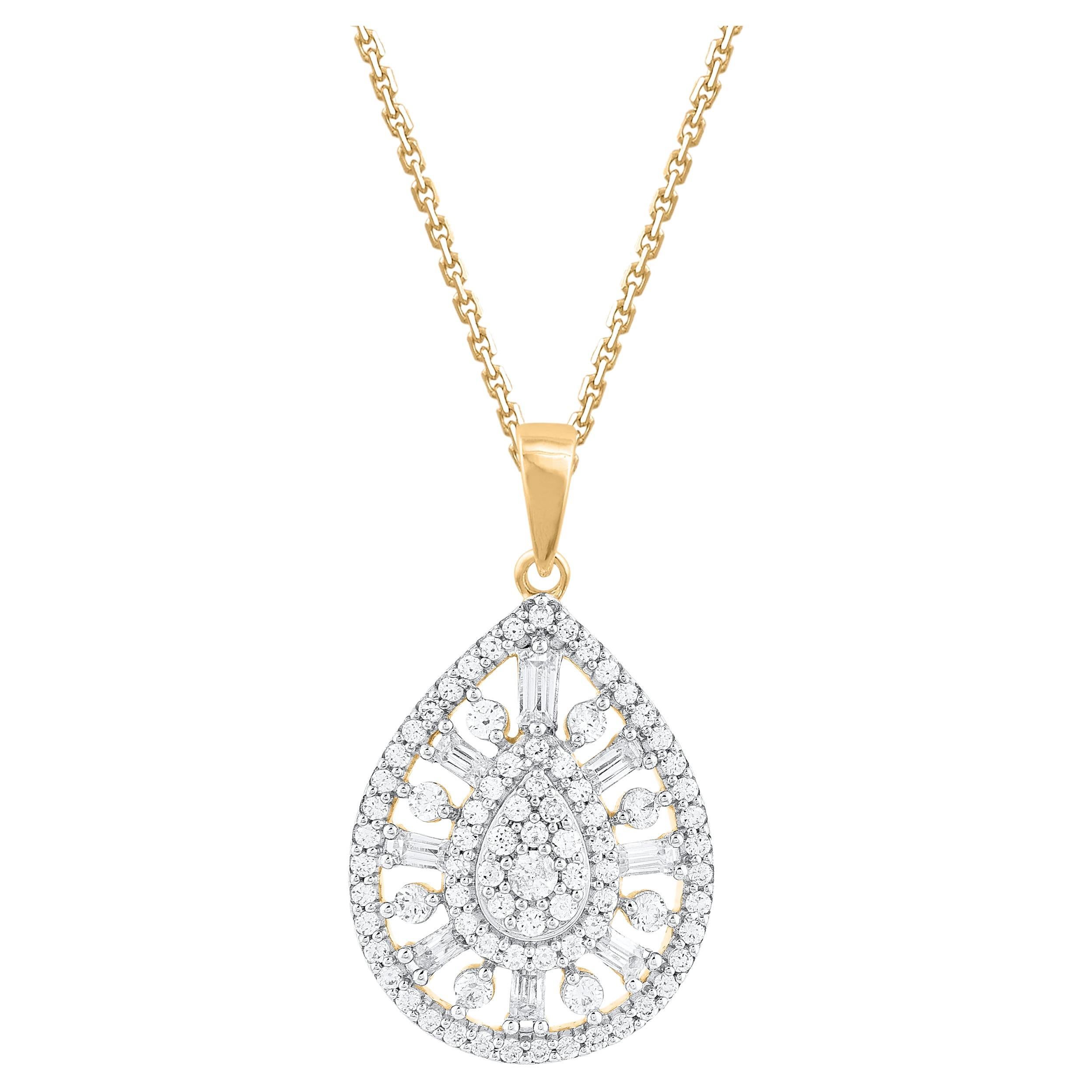 TJD 0.50 Carat Round & Baguette Diamond 14 Karat Gold Teardrop Pendant Necklace For Sale