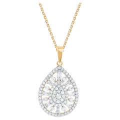 TJD 0.50 Carat Round & Baguette Diamond 14 Karat Gold Teardrop Pendant Necklace