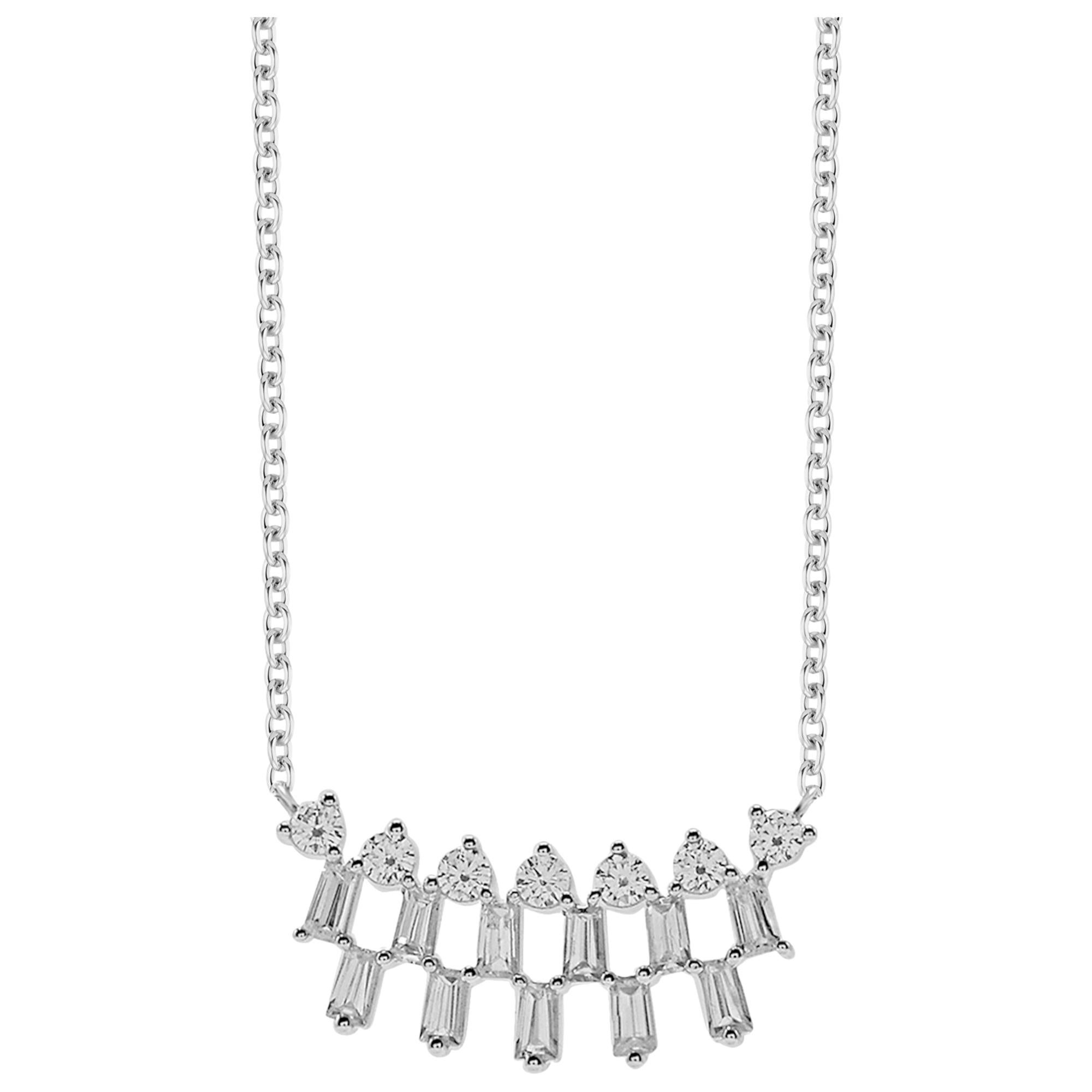 TJD 0.50 Carat Round 
Baguette Diamond 14 Karat White Gold Bar Curve Necklace