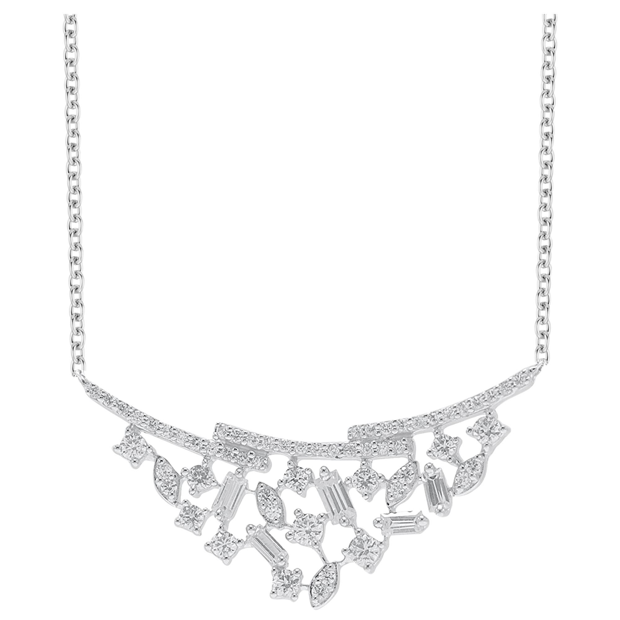 TJD 0.50 Carat Round & Baguette Diamond 14 Karat White Gold Curve Bar Necklace