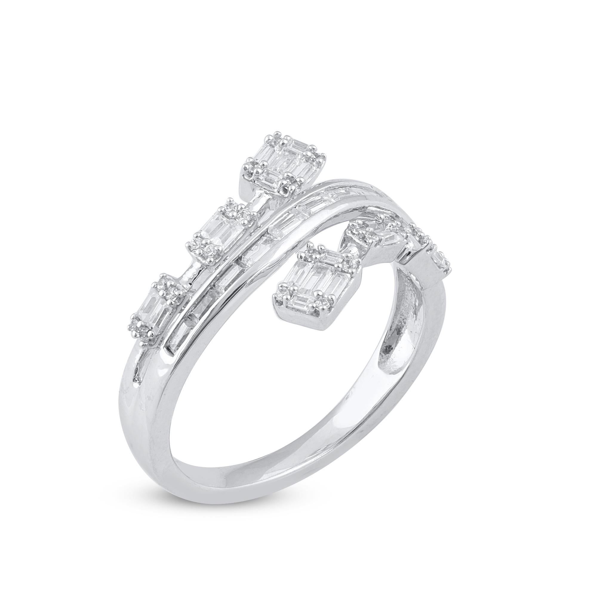 Truly exquisite, she'll admire the effortless look of this graceful diamond crossover ring. The ring is crafted from 14-karat gold in your choice of white, rose, or yellow, and features Round Brilliant 24 and Baguette - 29 white diamonds, Prong &