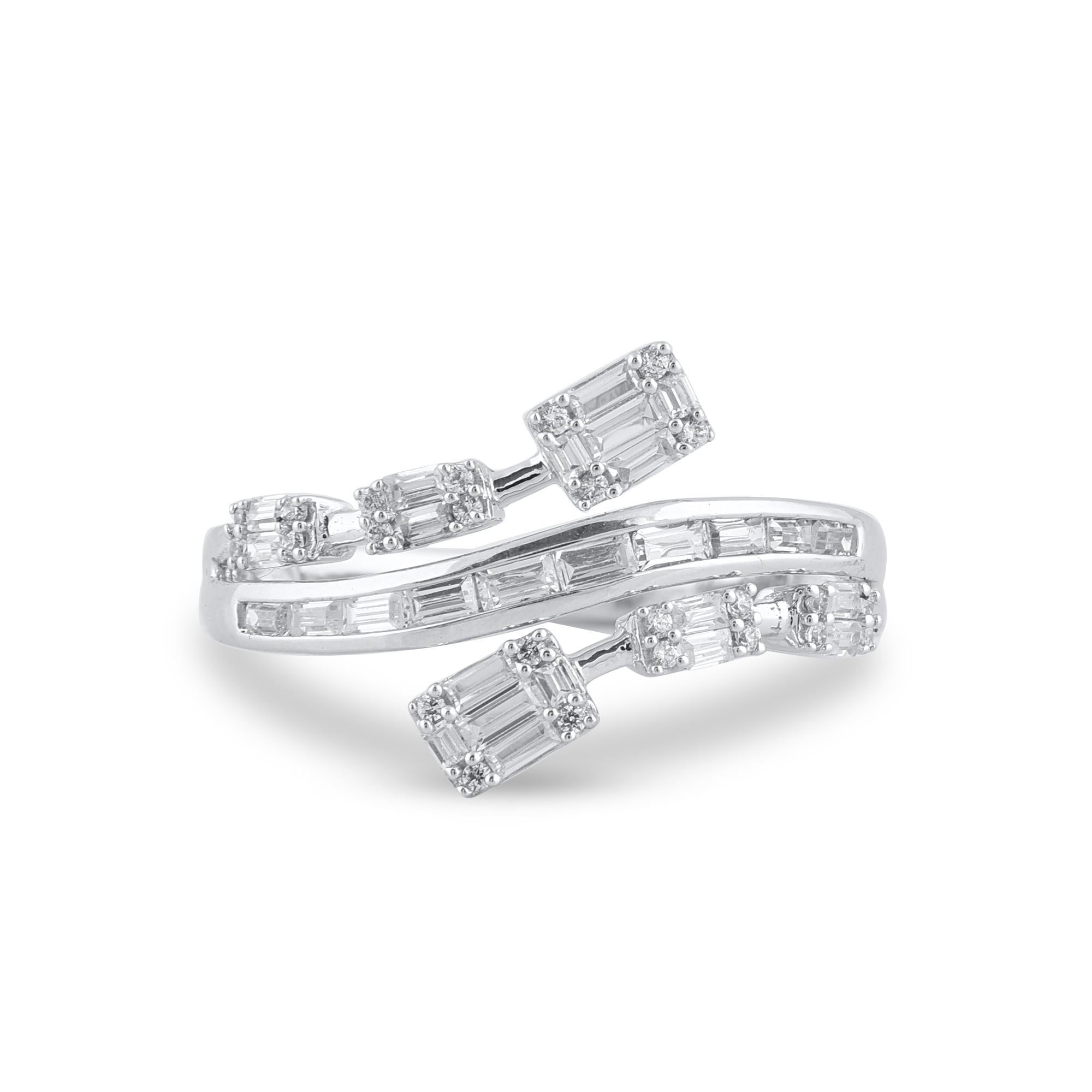 TJD 0,50 Karat runder & Baguette-Diamant 14 Karat Weißgold Designer Bypass-Ring (Moderne) im Angebot