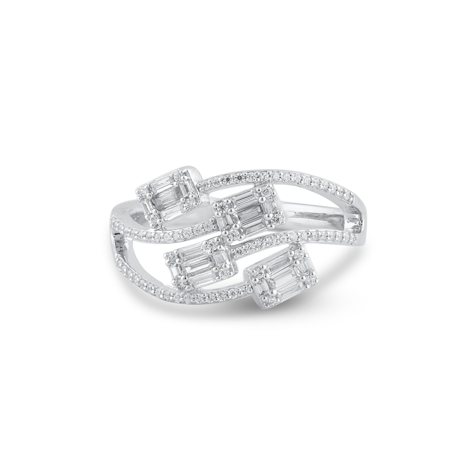 Modern TJD 0.50 Carat Round & Baguette Diamond 14 Karat White Gold Designer Bypass Ring For Sale