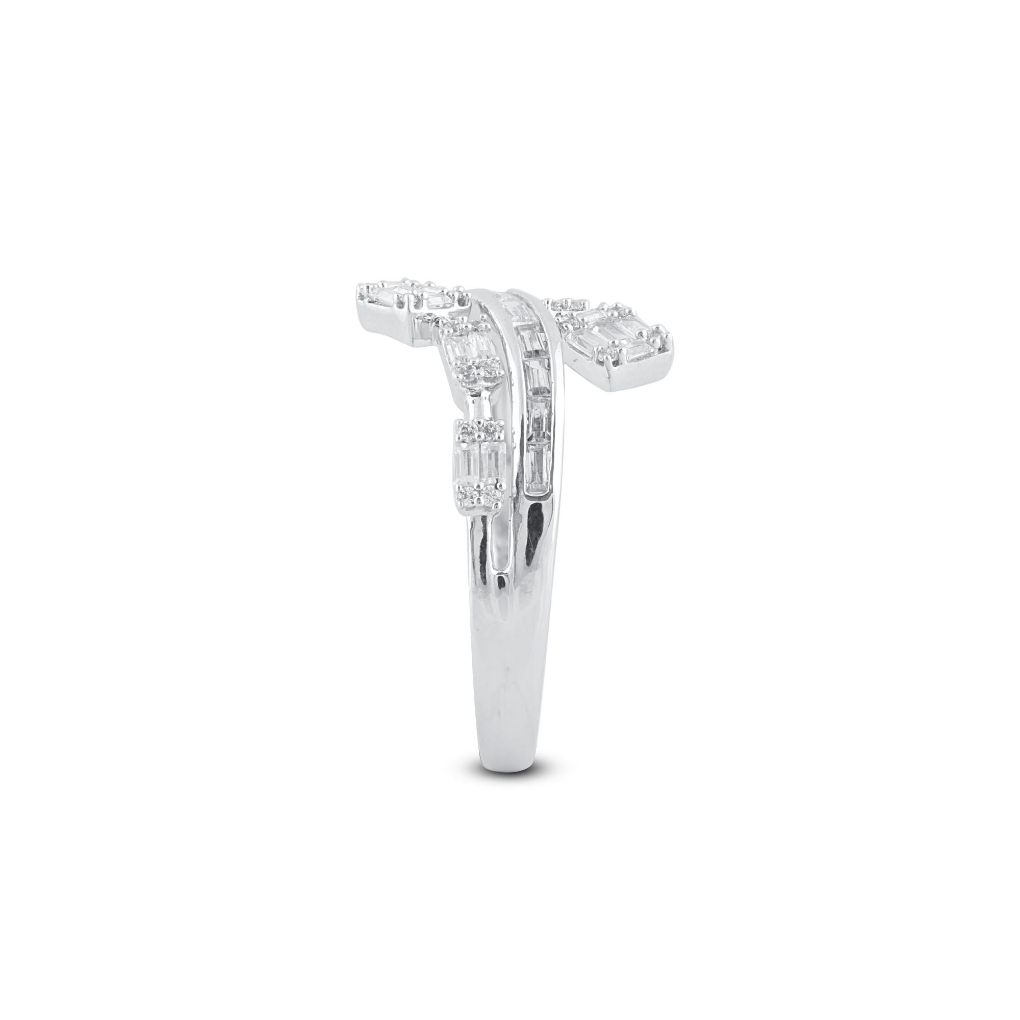 Baguette Cut TJD 0.50 Carat Round & Baguette Diamond 14 Karat White Gold Designer Bypass Ring For Sale