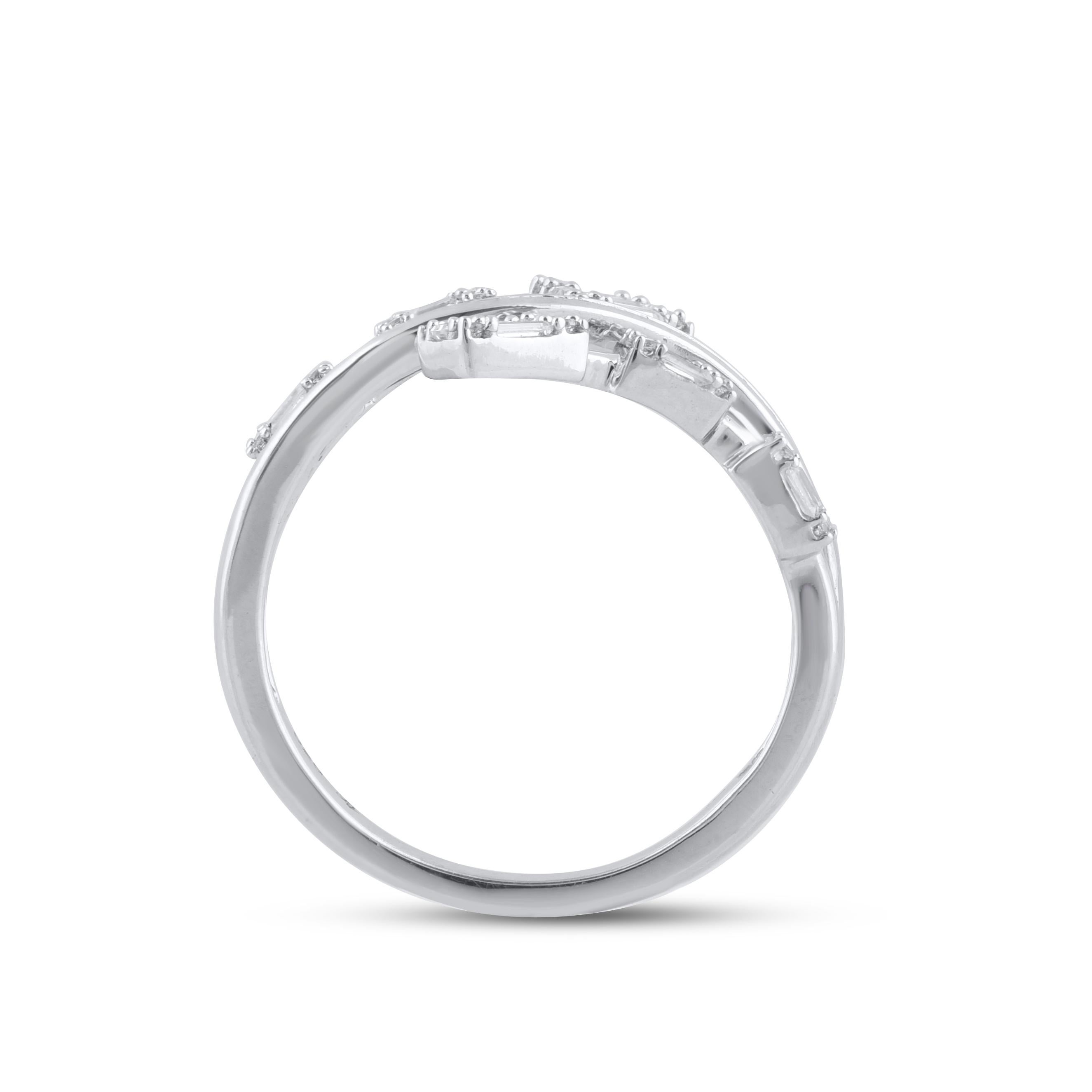 Women's TJD 0.50 Carat Round & Baguette Diamond 14 Karat White Gold Designer Bypass Ring For Sale