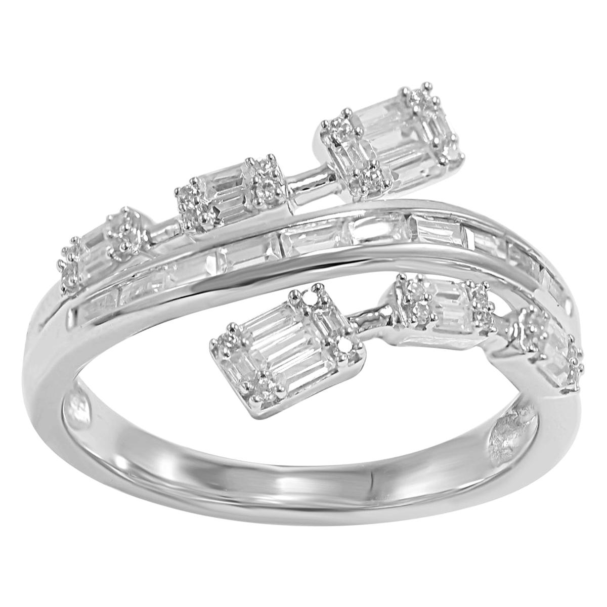 TJD 0,50 Karat runder & Baguette-Diamant 14 Karat Weißgold Designer Bypass-Ring im Angebot