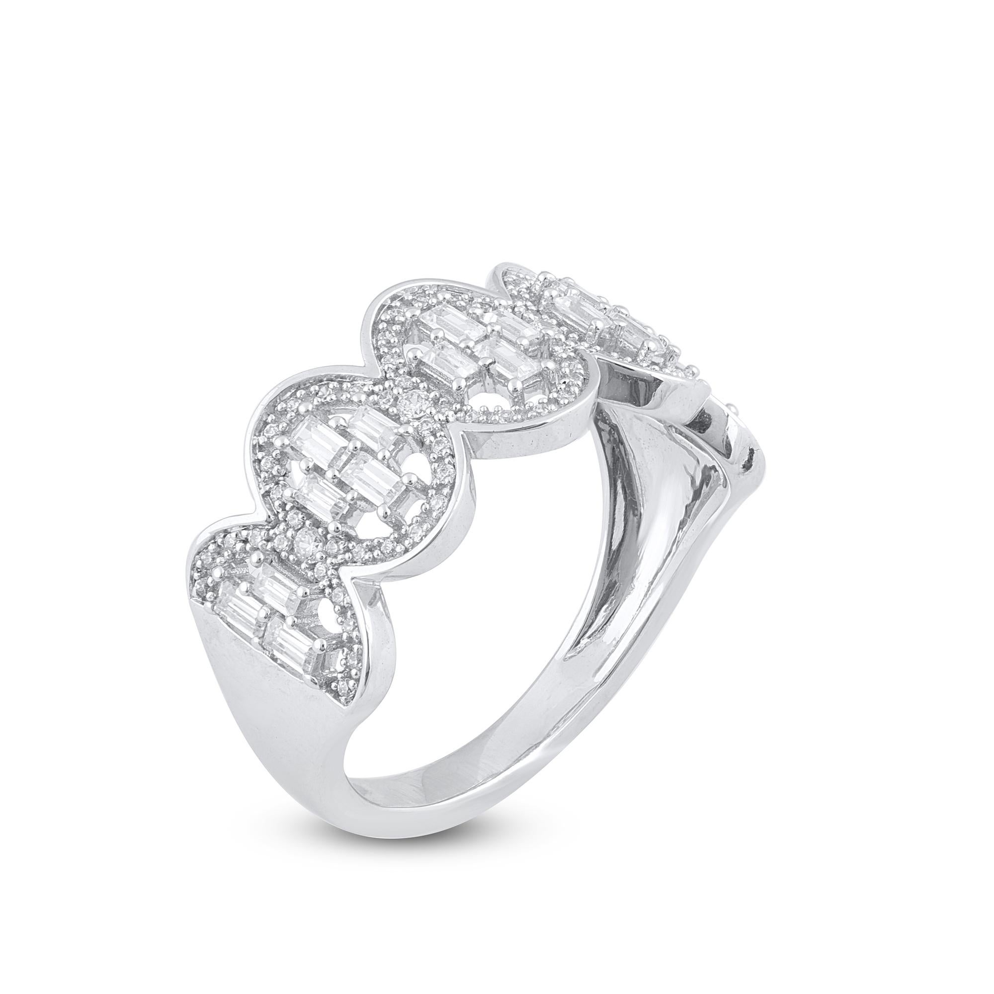 Bring charm to your look with this diamond ring. The ring is crafted from 14-karat gold in your choice of white, rose, or yellow, and features Round Brilliant 72 and Baguette - 18 white diamonds, Pave & Prongset, H-I color I2 clarity and a high
