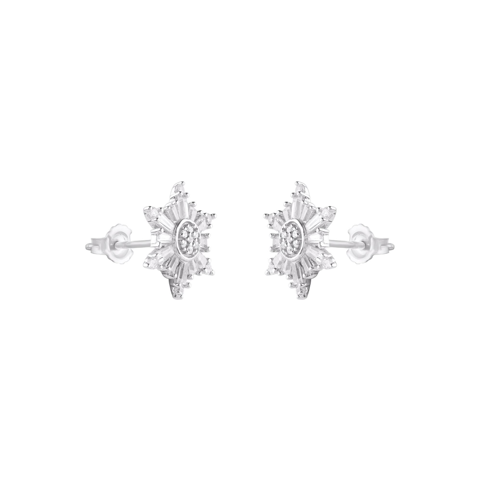 Contemporaneo TJD Orecchini con diamanti tondi e baguette da 0,50 carati in oro bianco 14 carati con fiori in vendita