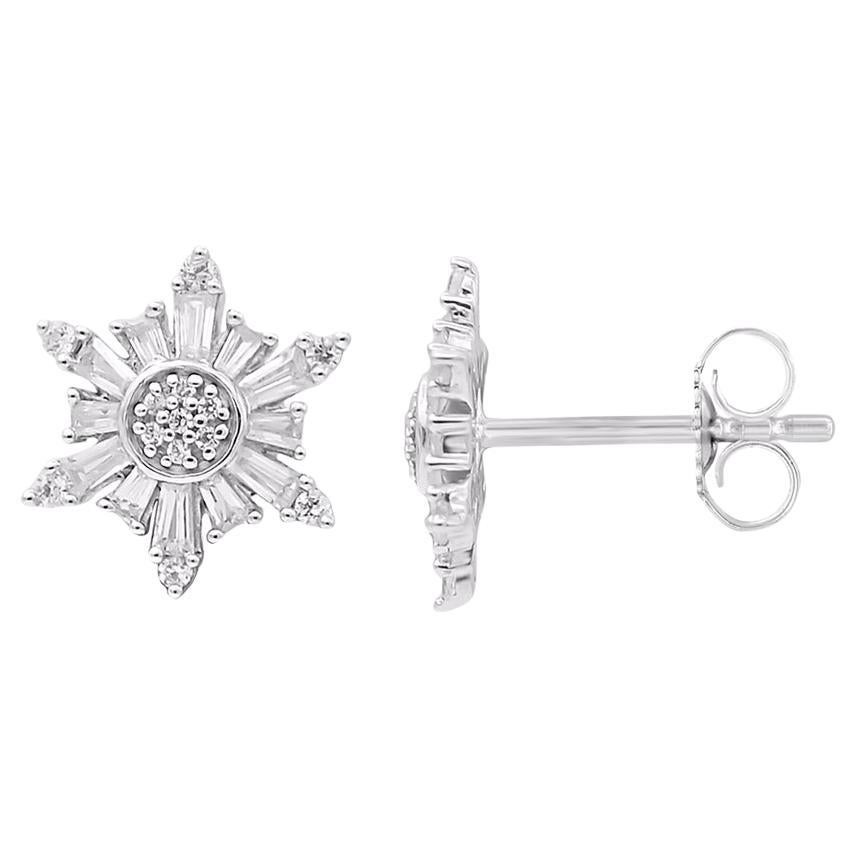 TJD 0.50 Carat Round & Baguette Diamond 14 Karat White Gold Floral Stud Earrings