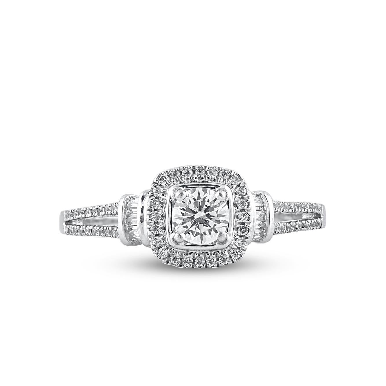 Express your love for her in the most classic way with this halo ring. This ring is expertly crafted in 14 Karat White Gold and features of this ring single cut, brilliant cut & baguette 73 diamond set in prong and channel setting. Total diamond