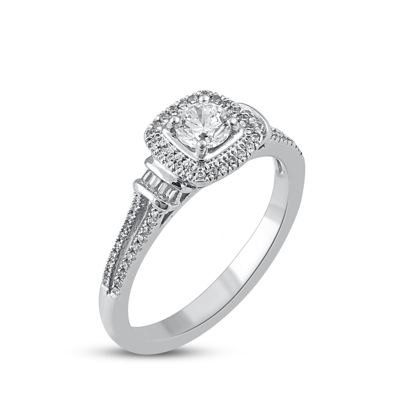 Contemporary TJD 0.50 Carat Round & Baguette Diamond 14 Karat White Gold Halo Engagement Ring For Sale
