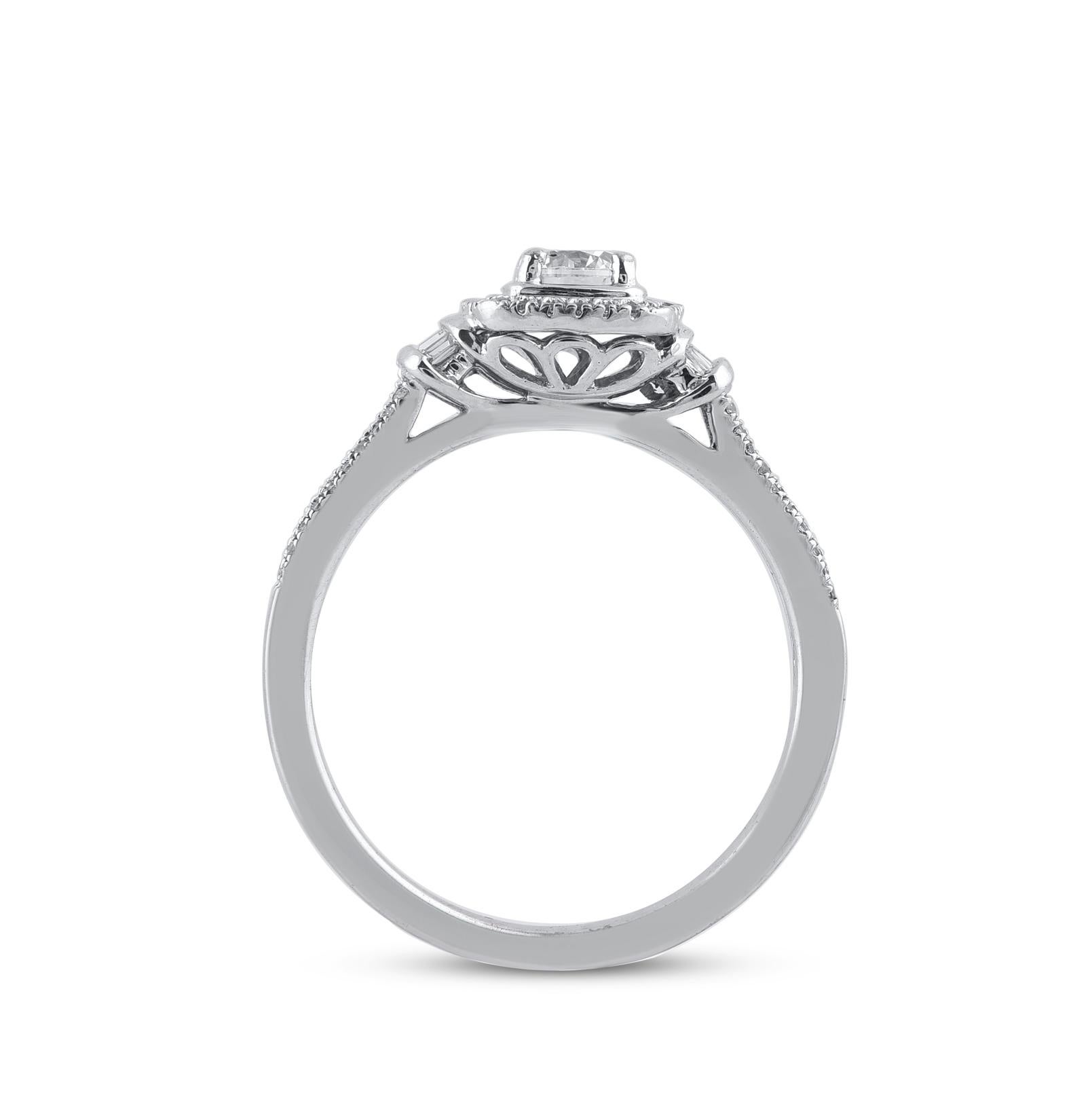 TJD 0.50 Carat Round & Baguette Diamond 14 Karat White Gold Halo Engagement Ring In New Condition For Sale In New York, NY