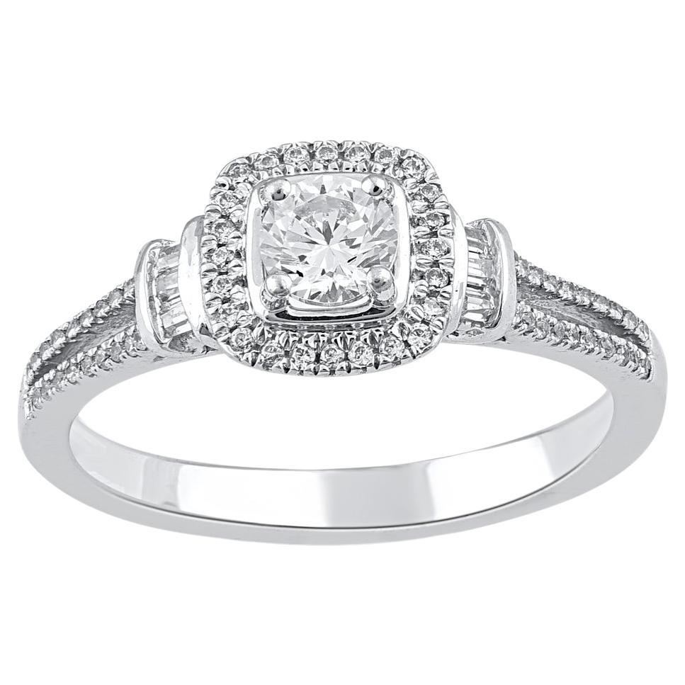 TJD 0.50 Carat Round & Baguette Diamond 14 Karat White Gold Halo Engagement Ring For Sale