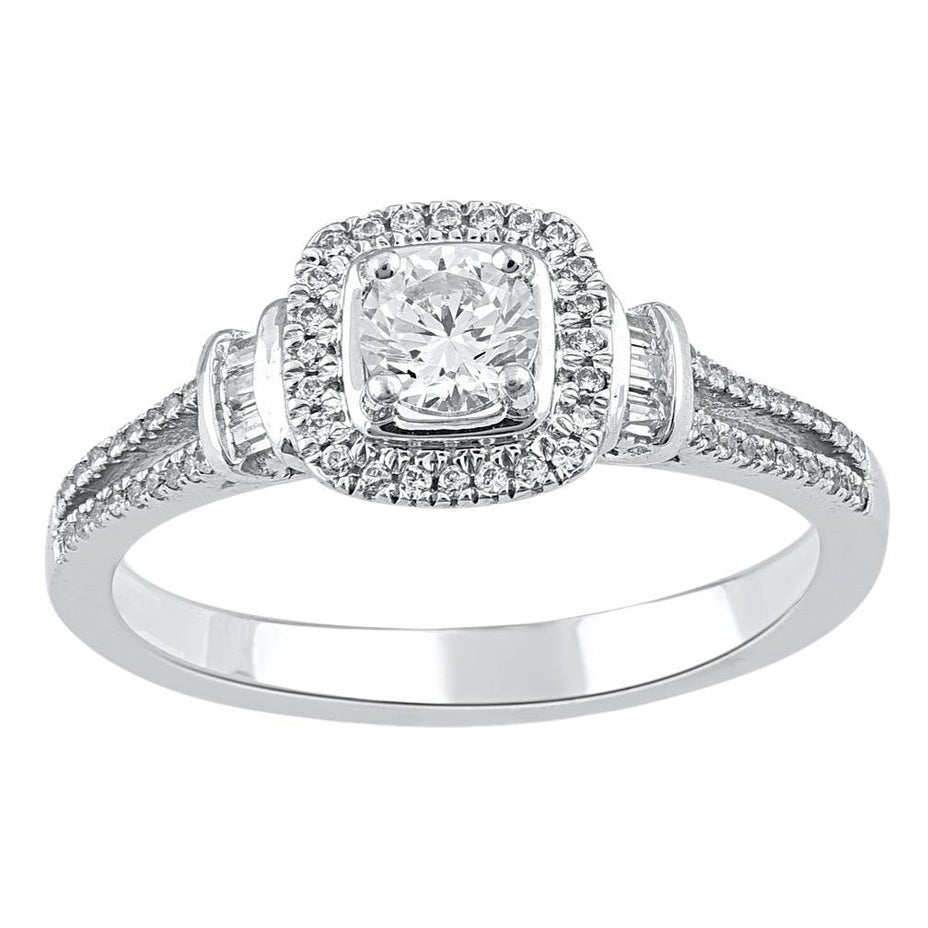 TJD 0.50 Carat Round 
Baguette Diamond 14 Karat White Gold Halo Engagement Ring
