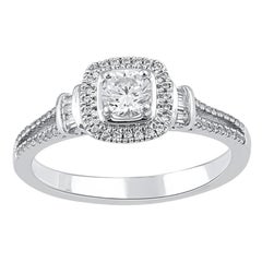 TJD 0.50 Carat Round 
Baguette Diamond 14 Karat White Gold Halo Engagement Ring