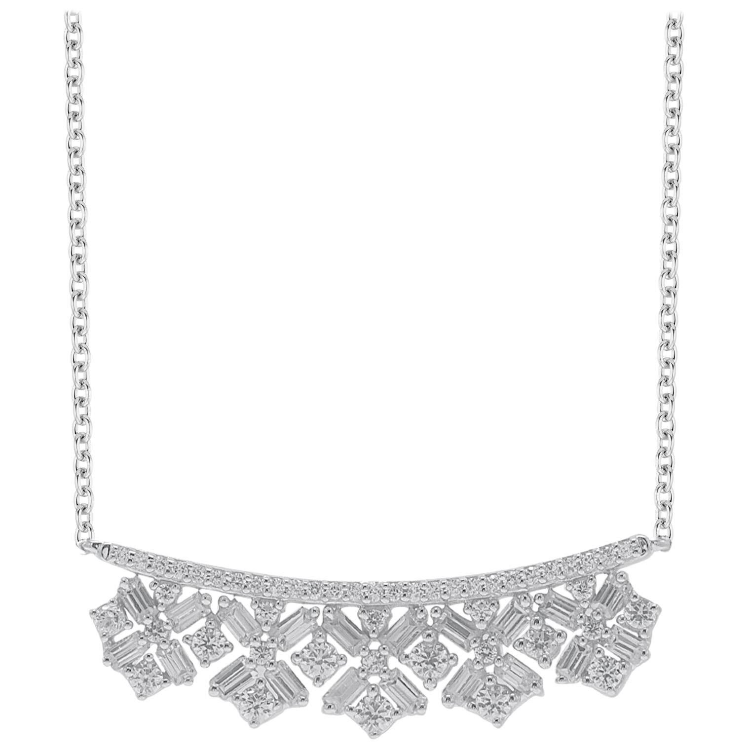 Collier à barres grappes en or blanc 14 carats avec diamants ronds et baguettes de 0,50 carat TJD