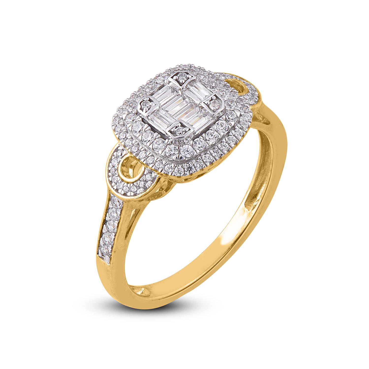 This Cushion shape diamond ring is sure to be admired for the inherent classic beauty and elegance within its design. The total weight of diamonds 0.50 carat, H-I color, I2 Clarity. This ring is beautifully crafted in 14 Karat Yellow Gold and