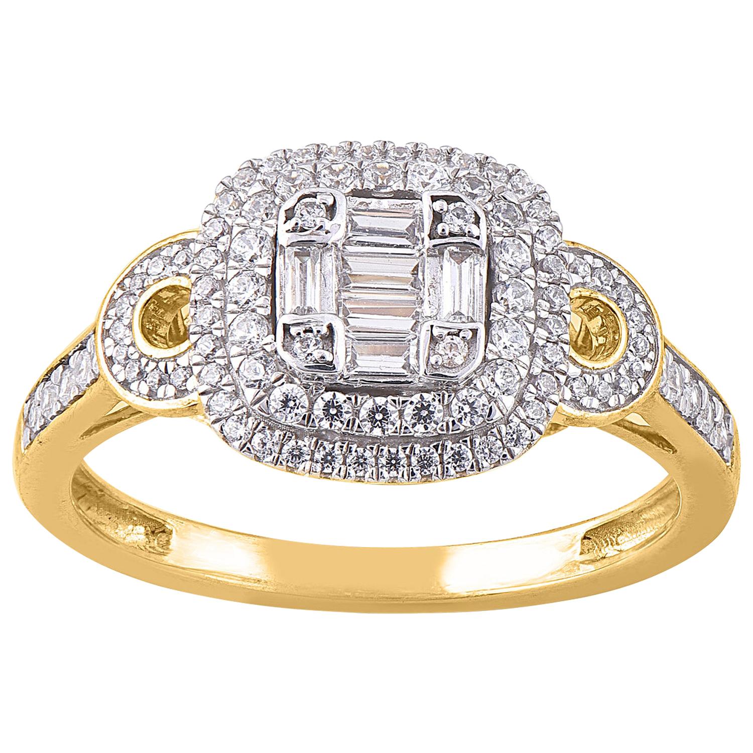 TJD 0.50 Carat Round & Baguette Diamond 14 Karat Yellow Gold Cushion Shape Ring