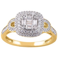 TJD 0,50 Karat runder & Baguette-Diamant 14 Karat Gelbgold Ring in Kissenform mit Kissenschliff