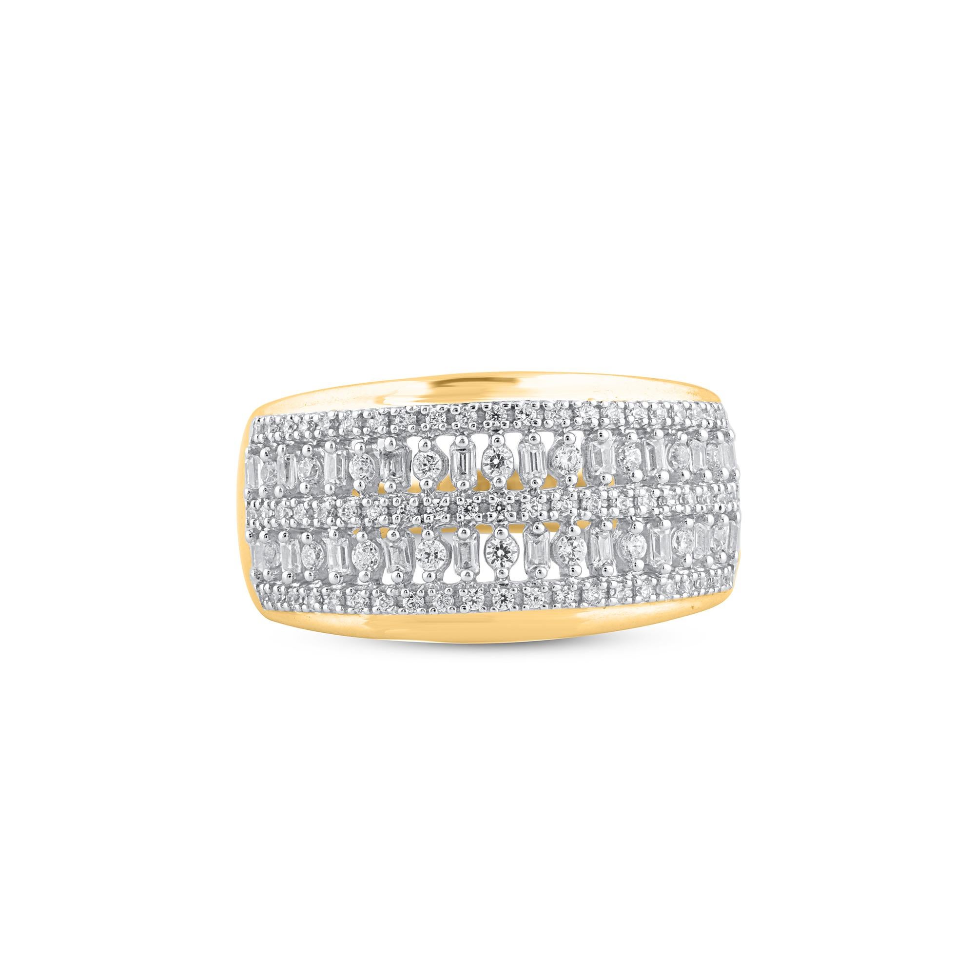 Art déco TJD Bague dôme à plusieurs rangs en or jaune 14 carats avec diamants ronds et baguettes de 0,50 carat en vente
