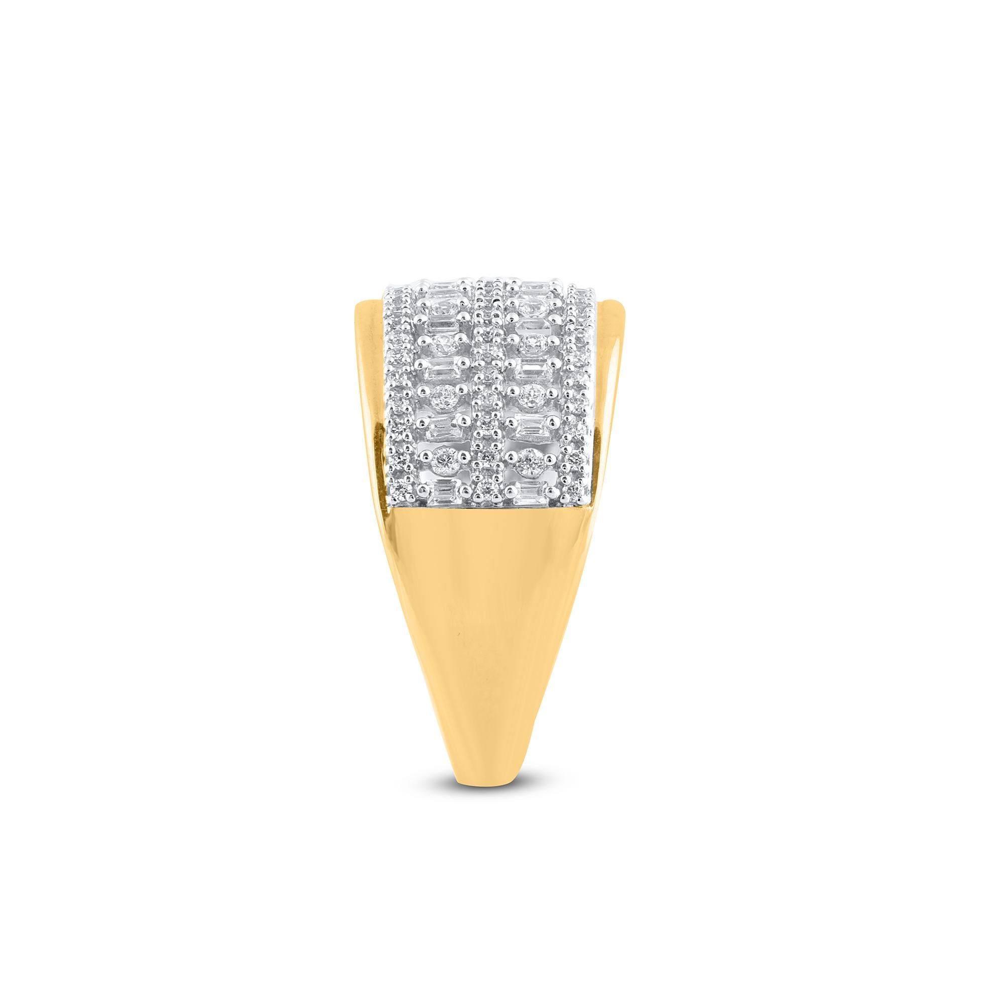 Taille baguette TJD Bague dôme à plusieurs rangs en or jaune 14 carats avec diamants ronds et baguettes de 0,50 carat en vente