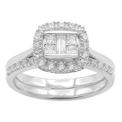 TJD Parure de mariage en forme de coussin en or blanc 14 carats avec diamants ronds et baguettes de 0,50 carat