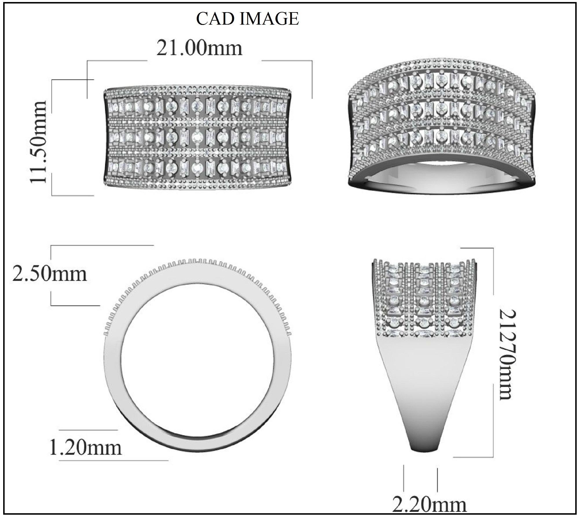 This Multi-row Diamond Wedding Band Ring is Accentuated with 127 brilliant round and 30 baguette-cut diamonds beautifully set in prong and micro-prong setting. The total diamond weight is 0.50 Carat and H-I color I2 Clarity.
